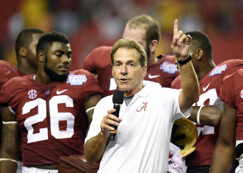 Aug 30, 2014; Atlanta, GA, USA; Alabama Crimson Tide head coach Nick Saban speaks after defeating the West Virginia Mountaineers in the 2014 Chick-fil-a kickoff game at Georgia Dome. Alabama won 33-23. Mandatory Credit: John David Mercer-USA TODAY Sports