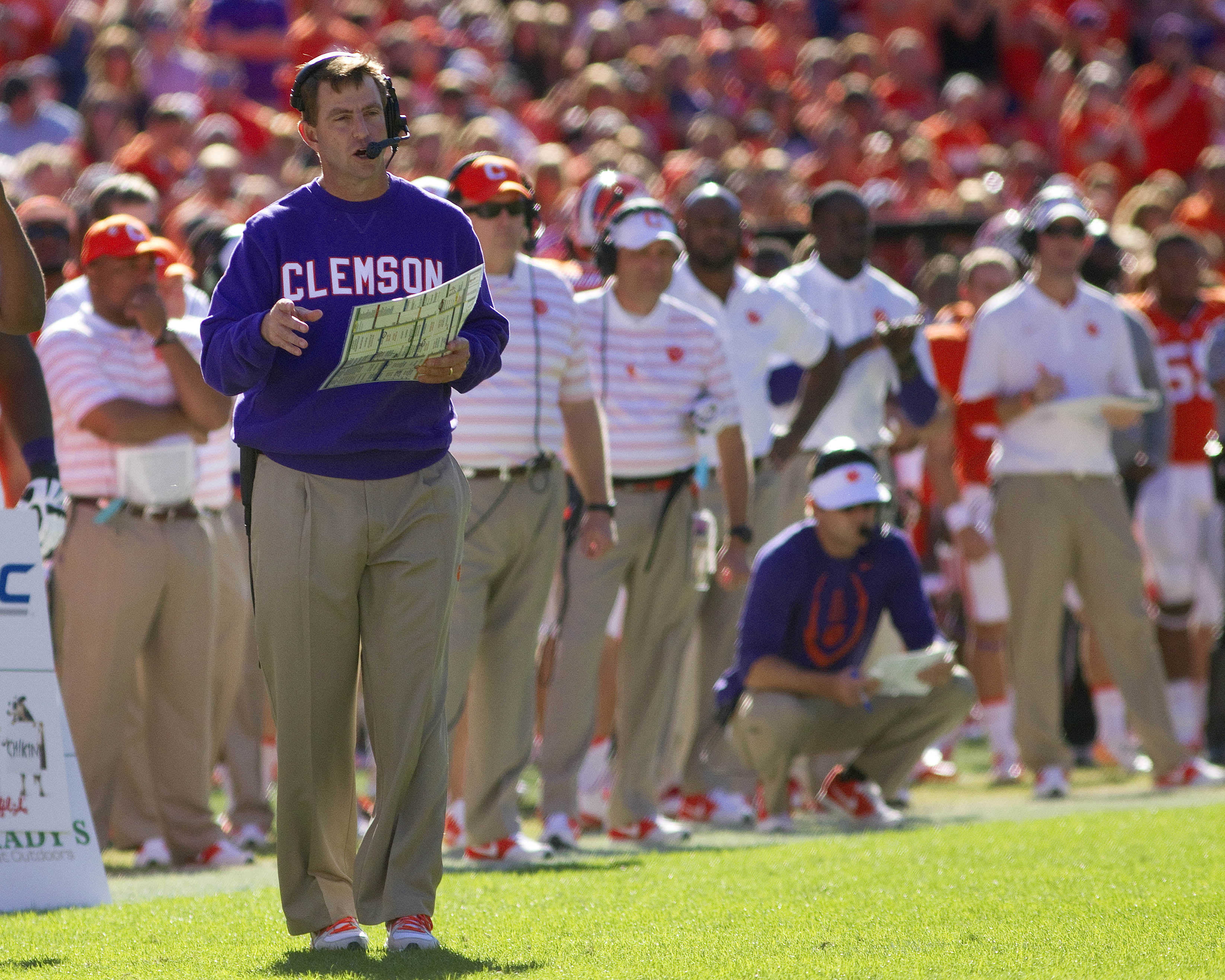Oct 4, 2014; Clemson, SC, USA; Clemson Tigers head coach Dabo Swinney during the second quarter against the North Carolina State Wolfpack at Clemson Memorial Stadium. Mandatory Credit: Joshua S. Kelly-USA TODAY Sports