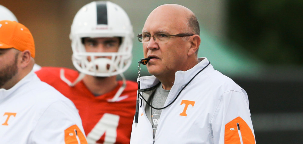 KNOXVILLE,TN - AUGUST 06, 2015 - Tennessee Volunteers Offensive Coordinator Mike DeBord during day 3 of Fall Football Camp on Haslam Field in Knoxville, TN. Photo By Craig Bisacre/Tennessee Athletics