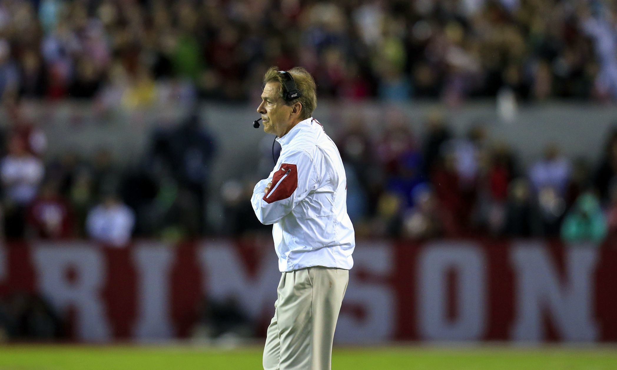 Nov 7, 2015; Tuscaloosa, AL, USA; Alabama Crimson Tide head coach Nick Saban stands on the field during the second quarter against the LSU Tigers at Bryant-Denny Stadium. Mandatory Credit: Marvin Gentry-USA TODAY Sports