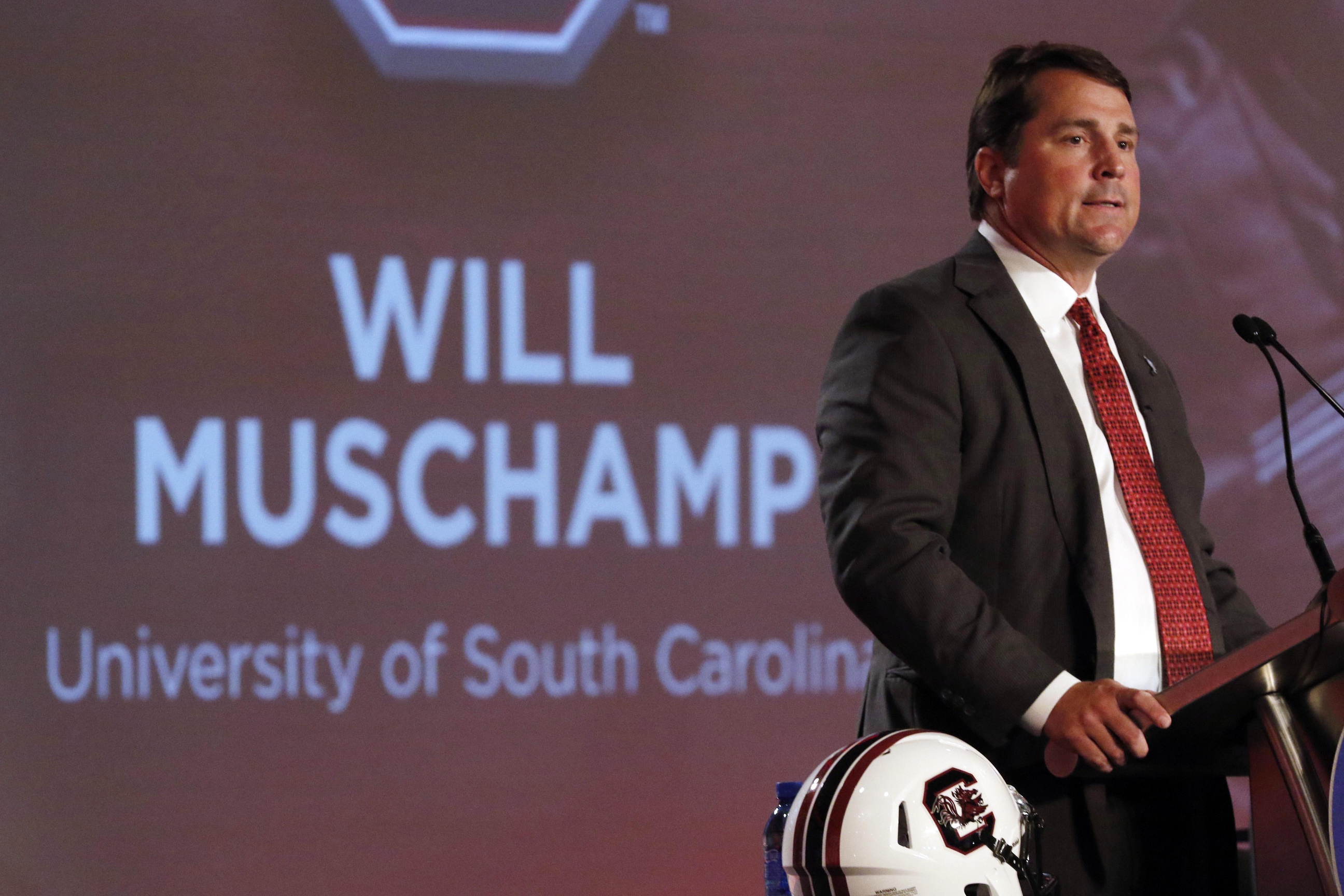 Jul 14, 2016; Hoover, AL, USA; South Carolina head coach Will Muschamp speaks to media during SEC media day at Hyatt Regency Birmingham-The Wynfrey Hotel. Mandatory Credit: Butch Dill-USA TODAY Sports