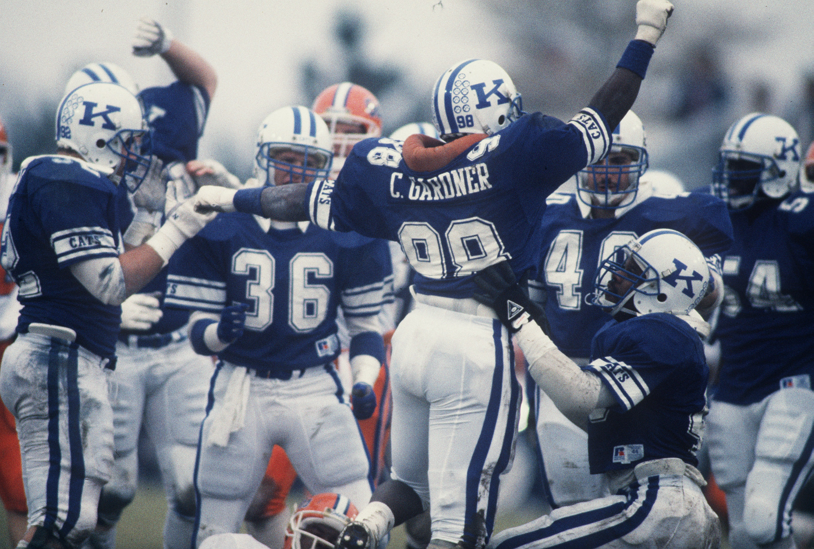 1986 FILE PHOTO. The University of Kentucky players celebrated during UK's 10-3 victory over the University of Florida on November 15, 1986 at Commonwealth Stadium in Lexington, KY.