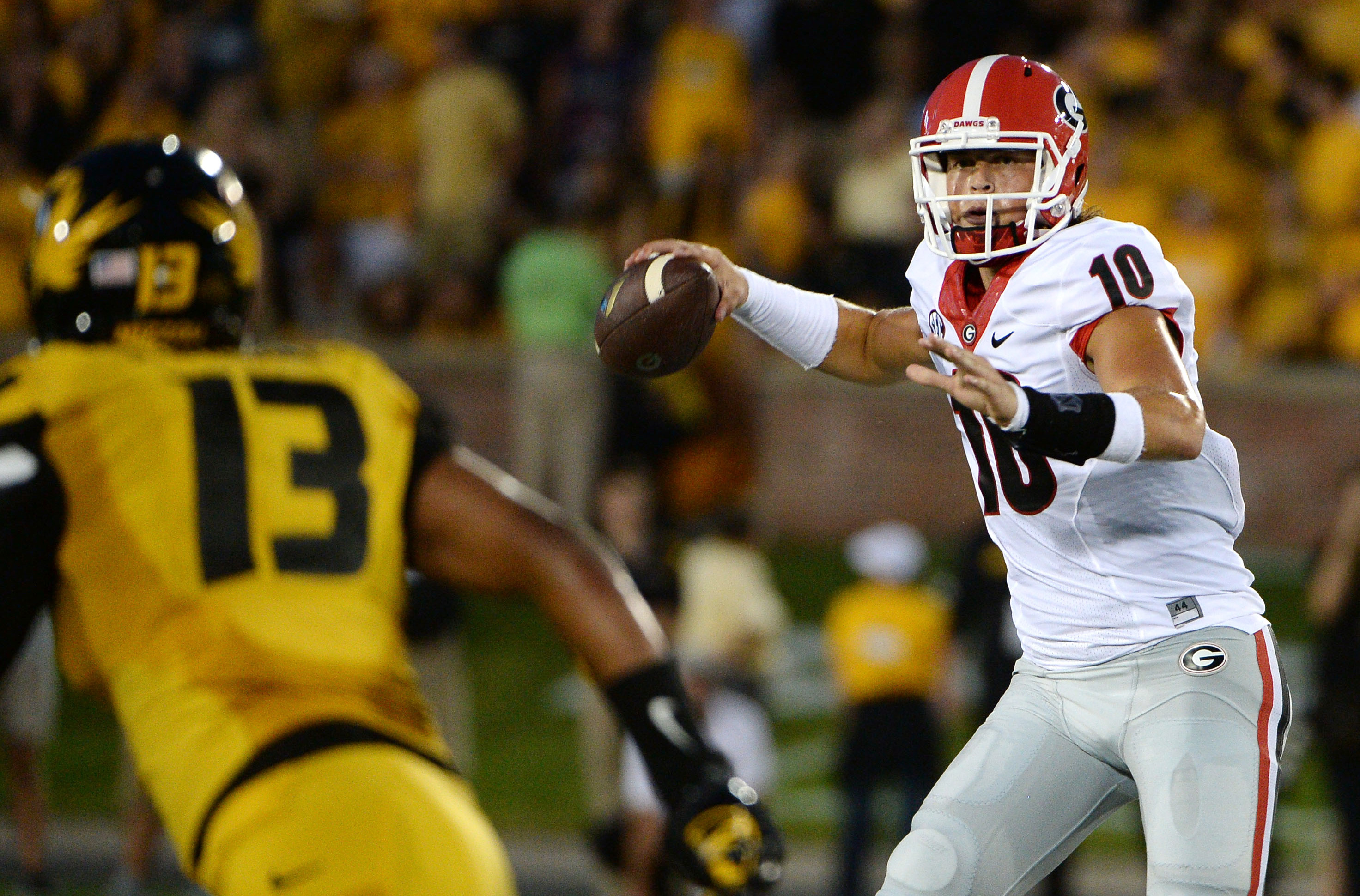 Sep 17, 2016; Columbia, MO, USA; Georgia Bulldogs quarterback Jacob Eason (10) throws the ball against the Missouri Tigers in the first half at Faurot Field. Mandatory Credit: John Rieger-USA TODAY Sports