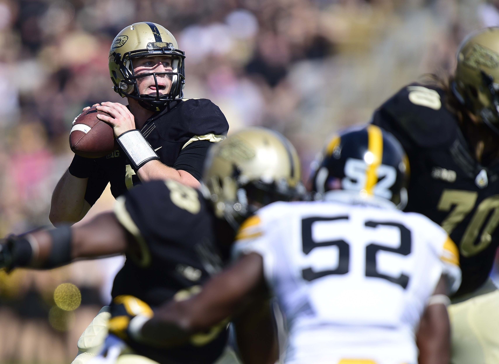 Sep 27, 2014; West Lafayette, IN, USA; Purdue Boilermakers quarterback Danny Etling (5) looks to pass the ball against the Iowa Hawkeyes during the first half of the game at Ross Ade Stadium. Mandatory Credit: Marc Lebryk-USA TODAY Sports