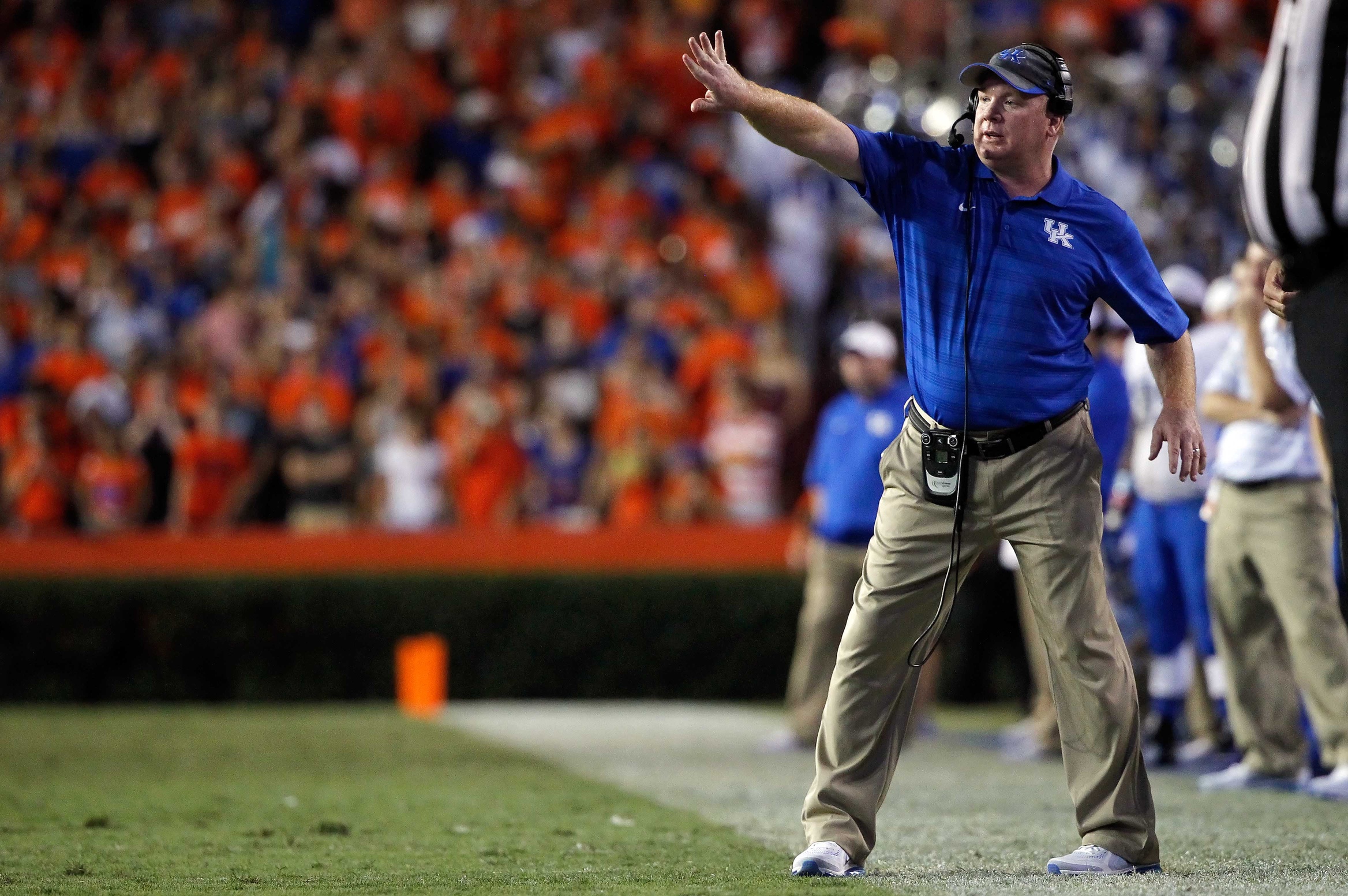 Sep 13, 2014; Gainesville, FL, USA; Kentucky Wildcats head coach Mark Stoops reacts against the Florida Gators at Ben Hill Griffin Stadium. Florida Gators defeated the Kentucky Wildcats 36-30. Mandatory Credit: Kim Klement-USA TODAY Sports