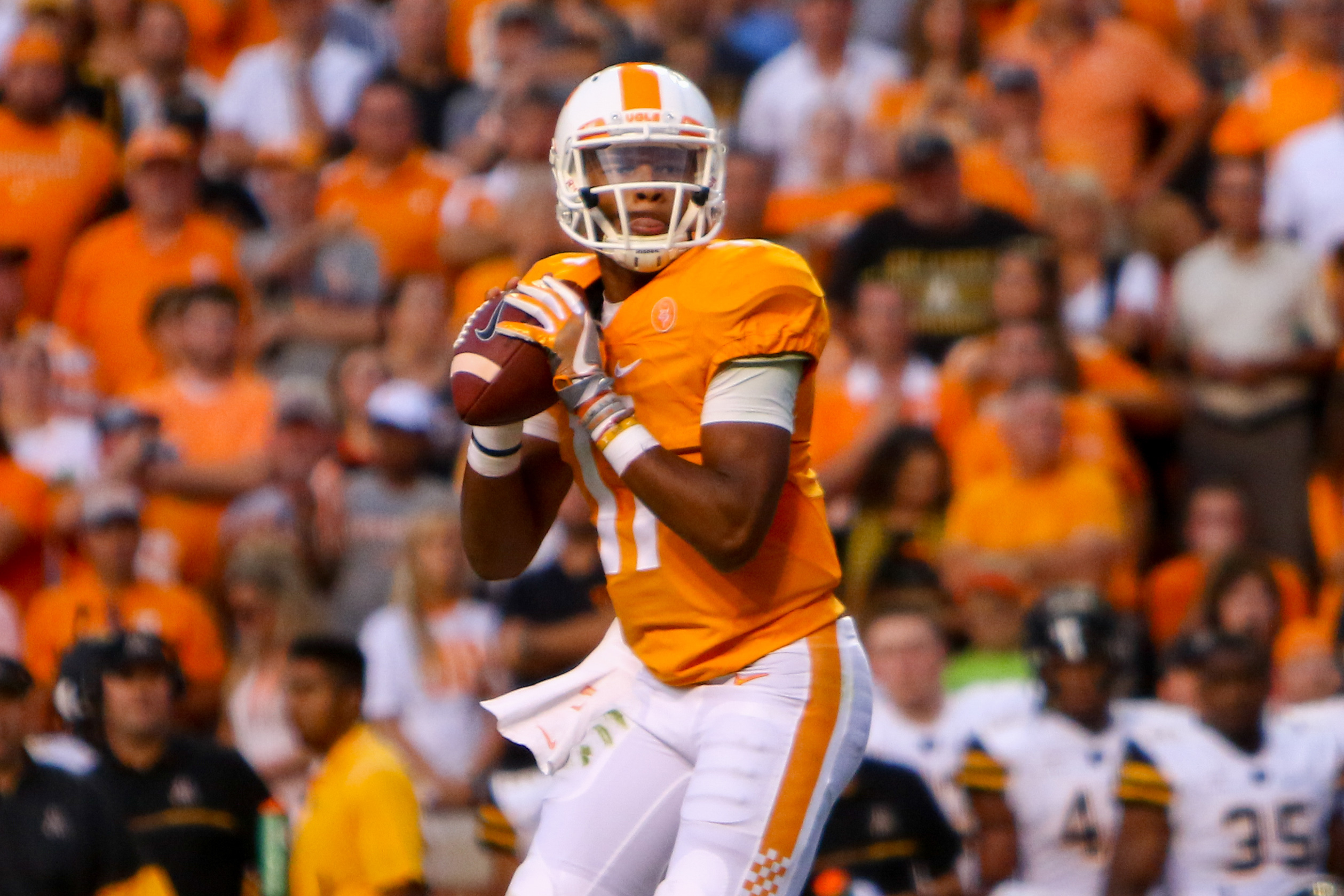 Sep 1, 2016; Knoxville, TN, USA; Tennessee Volunteers quarterback Joshua Dobbs (11) looks to pass against the Appalachian State Mountaineers during the first quarter at Neyland Stadium. Mandatory Credit: Randy Sartin-USA TODAY Sports