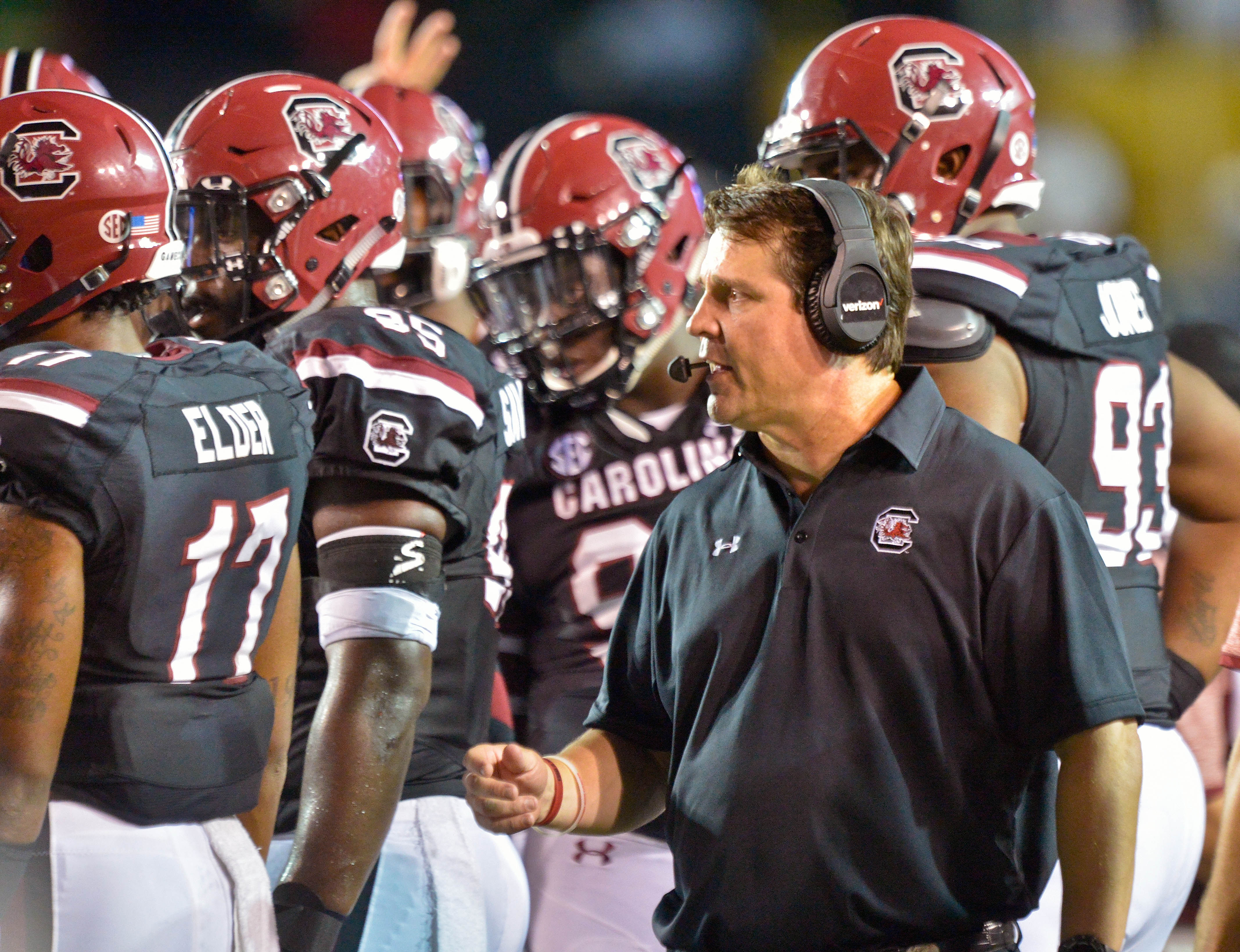 Sep 1, 2016; Nashville, TN, USA; South Carolina Gamecocks head coach Will Muschamp during a second half timeout against the Vanderbilt Commodores at Vanderbilt Stadium. South Carolina won 13-10. Mandatory Credit: Jim Brown-USA TODAY Sports