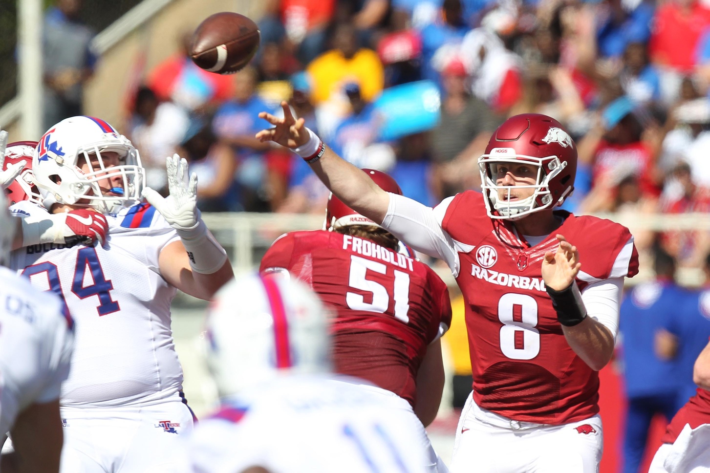 Sep 3, 2016; Fayetteville, AR, USA; Arkansas Razorbacks quarterback Austin Allen (8) passes in the first half against the Louisiana Tech Bulldogs at Donald W. Reynolds Razorback Stadium. Mandatory Credit: Nelson Chenault-USA TODAY Sports