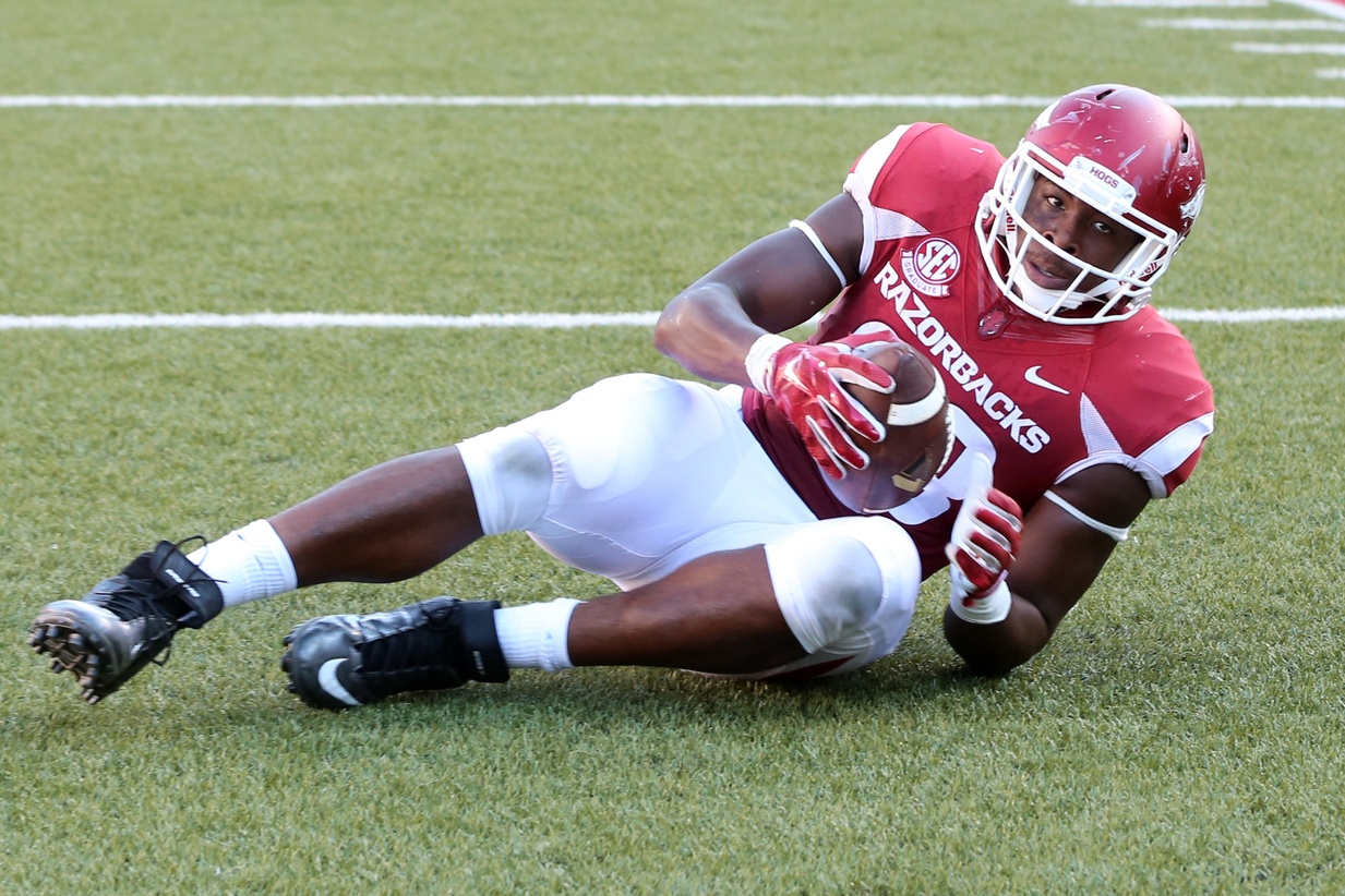 Sep 3, 2016; Fayetteville, AR, USA; Arkansas Razorbacks tight end Jeremy Sprinkle (83) catches a pass for a touchdown in the fourth quarter against the Louisiana Tech Bulldogs at Donald W. Reynolds Razorback Stadium. Arkansas defeated Louisiana Tech 21-20. Mandatory Credit: Nelson Chenault-USA TODAY Sports