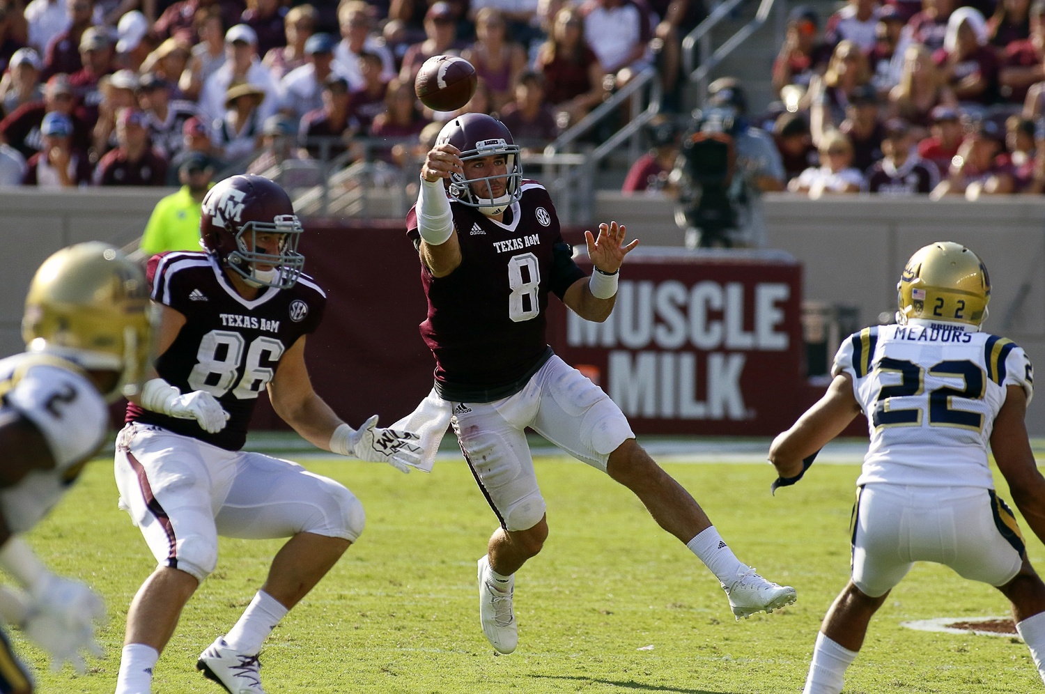Sep 3, 2016; College Station, TX, USA; Texas A&M Aggies quarterback Trevor Knight (8) passes against the UCLA Bruins during the second half at Kyle Field. Texas A&M won in overtime 31-24. Mandatory Credit: Ray Carlin-USA TODAY Sports