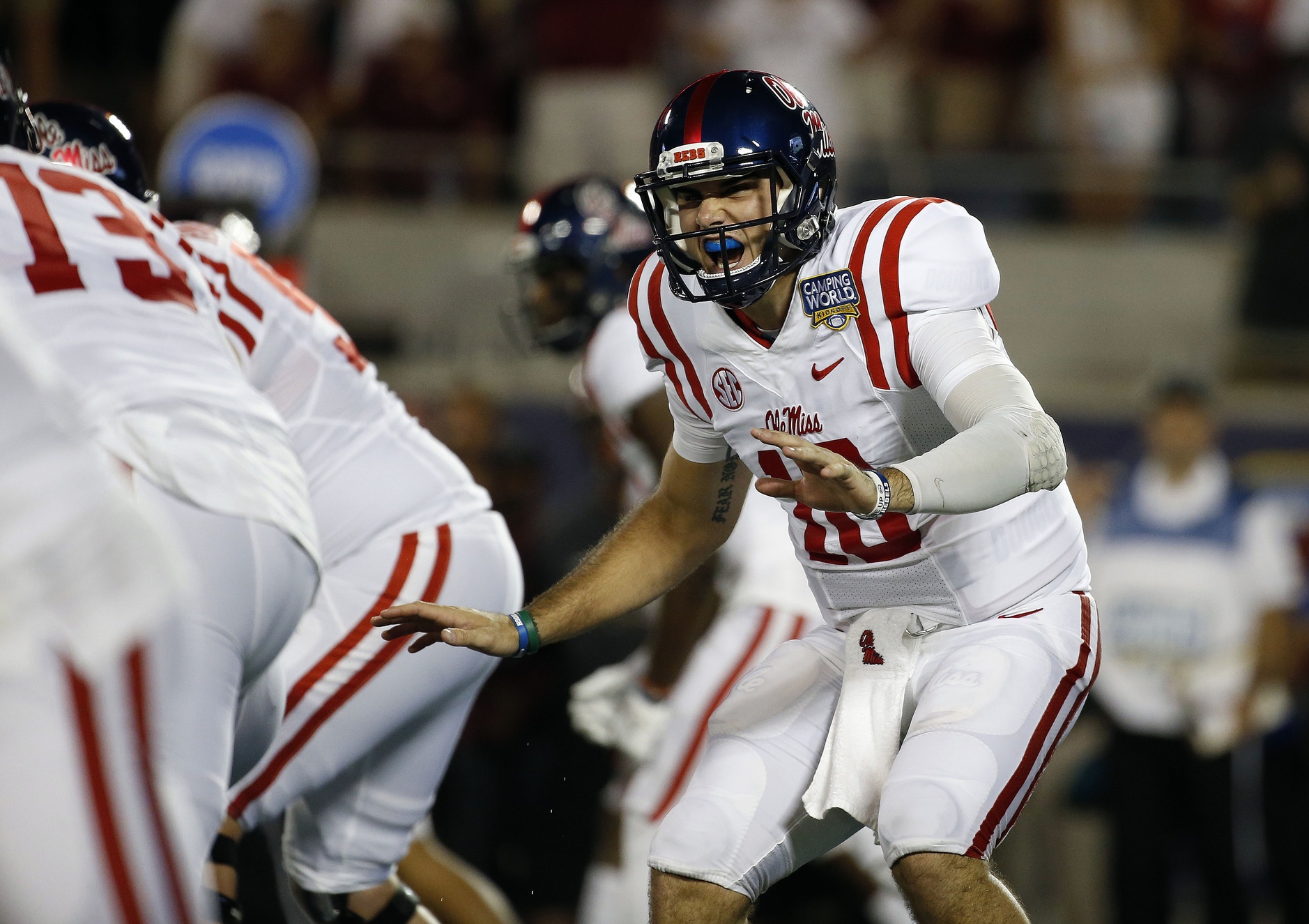 Sep 5, 2016; Orlando, FL, USA; Mississippi Rebels quarterback Chad Kelly (10) calls a play during the first quarter against the Florida State Seminoles at Camping World Stadium. Mandatory Credit: Kim Klement-USA TODAY Sports