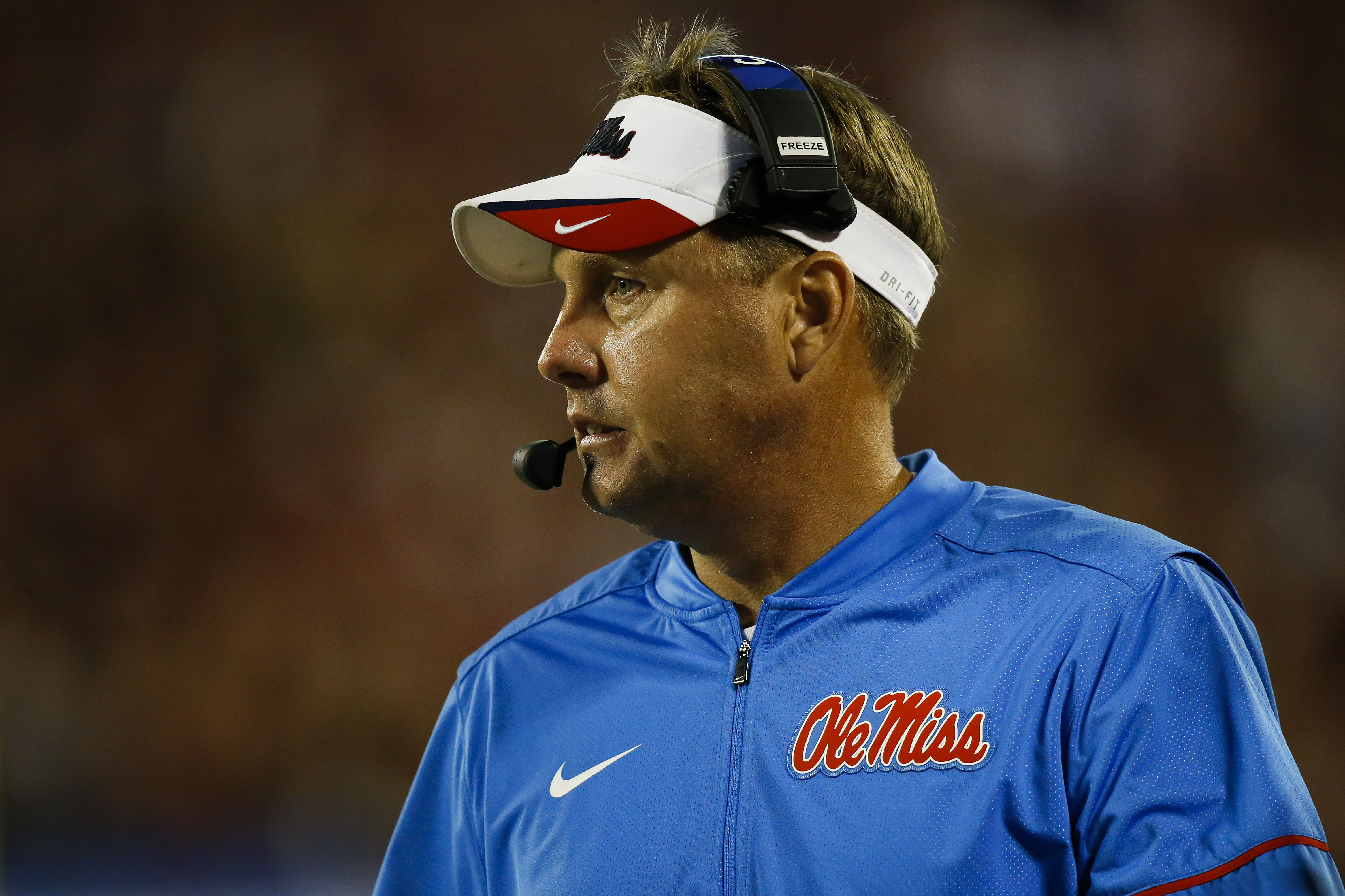 Sep 5, 2016; Orlando, FL, USA; Mississippi Rebels head coach Hugh Freeze looks on during the third quarter against the Florida State Seminoles at Camping World Stadium. Florida State Seminoles won 45-34. Mandatory Credit: Logan Bowles-USA TODAY Sports