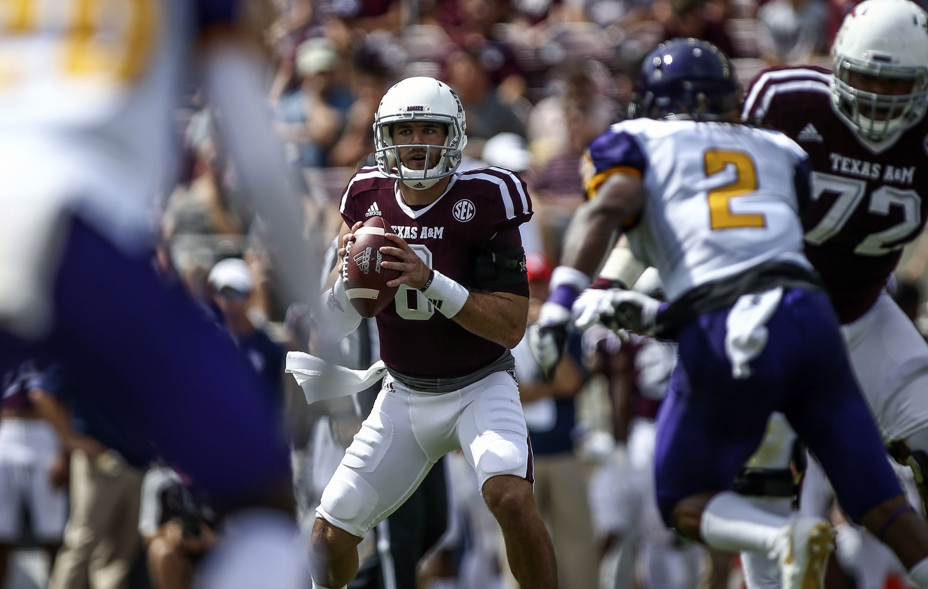 Sep 10, 2016; College Station, TX, USA; Texas A&M Aggies quarterback Trevor Knight (8) looks for an open receiver during the first quarter against the Prairie View A&M Panthers at Kyle Field. Mandatory Credit: Troy Taormina-USA TODAY Sports