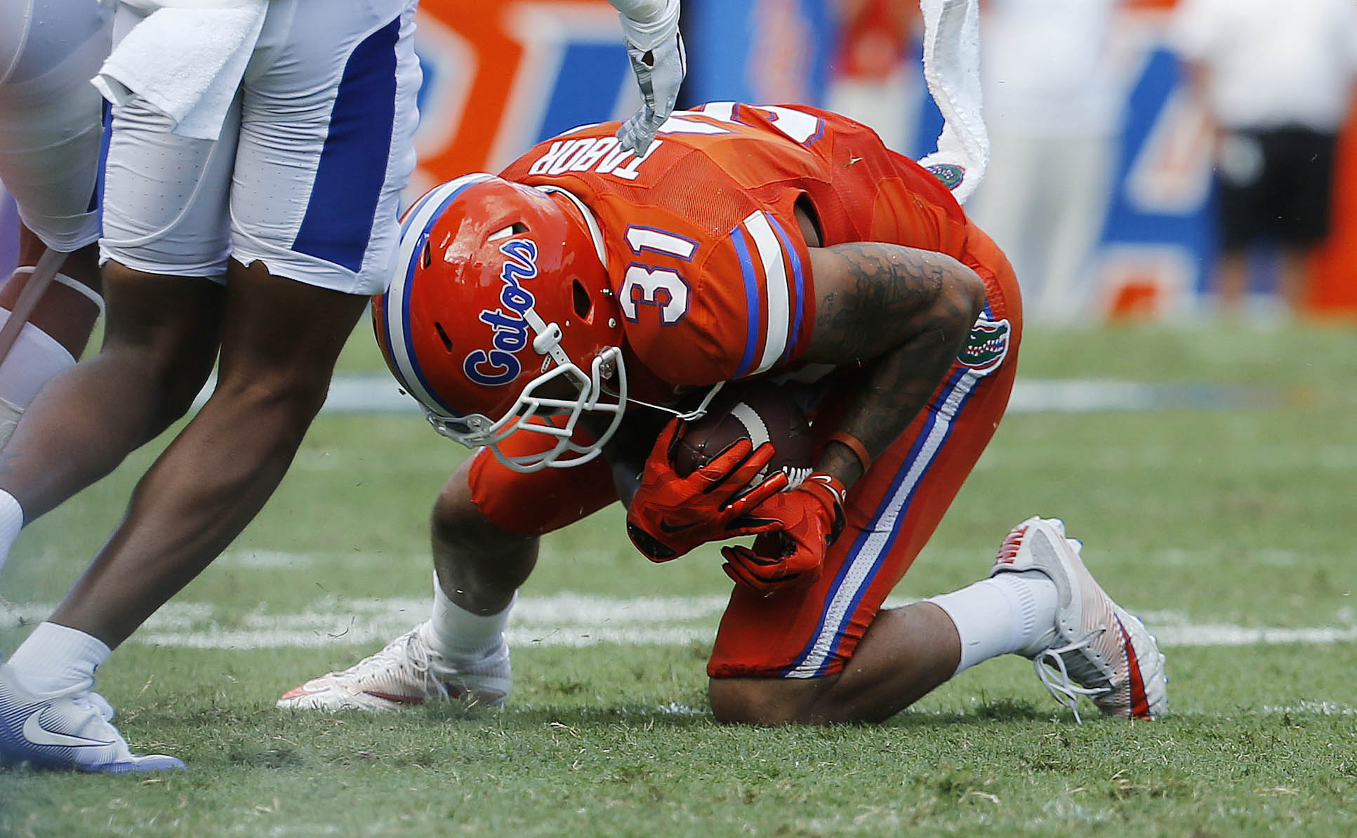 Sep 10, 2016; Gainesville, FL, USA; Florida Gators defensive back Teez Tabor (31) intecepts the ball against the Kentucky Wildcats during the first half at Ben Hill Griffin Stadium. Mandatory Credit: Kim Klement-USA TODAY Sports