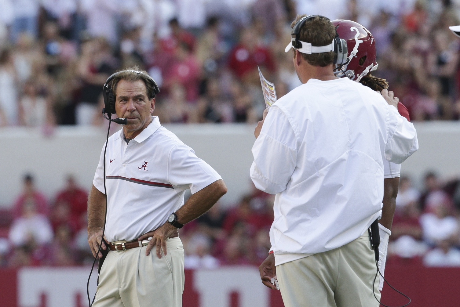 Sep 10, 2016; Tuscaloosa, AL, USA; Alabama Crimson Tide head coach Nick Saban looks back at Crimson Tide offensive coordinator Lane Kiffin and quarterback Jalen Hurts (2) during the game against the Western Kentucky Hilltoppers at Bryant-Denny Stadium. The Tide defeated the Hilltoppers 38-10. Mandatory Credit: Marvin Gentry-USA TODAY Sports