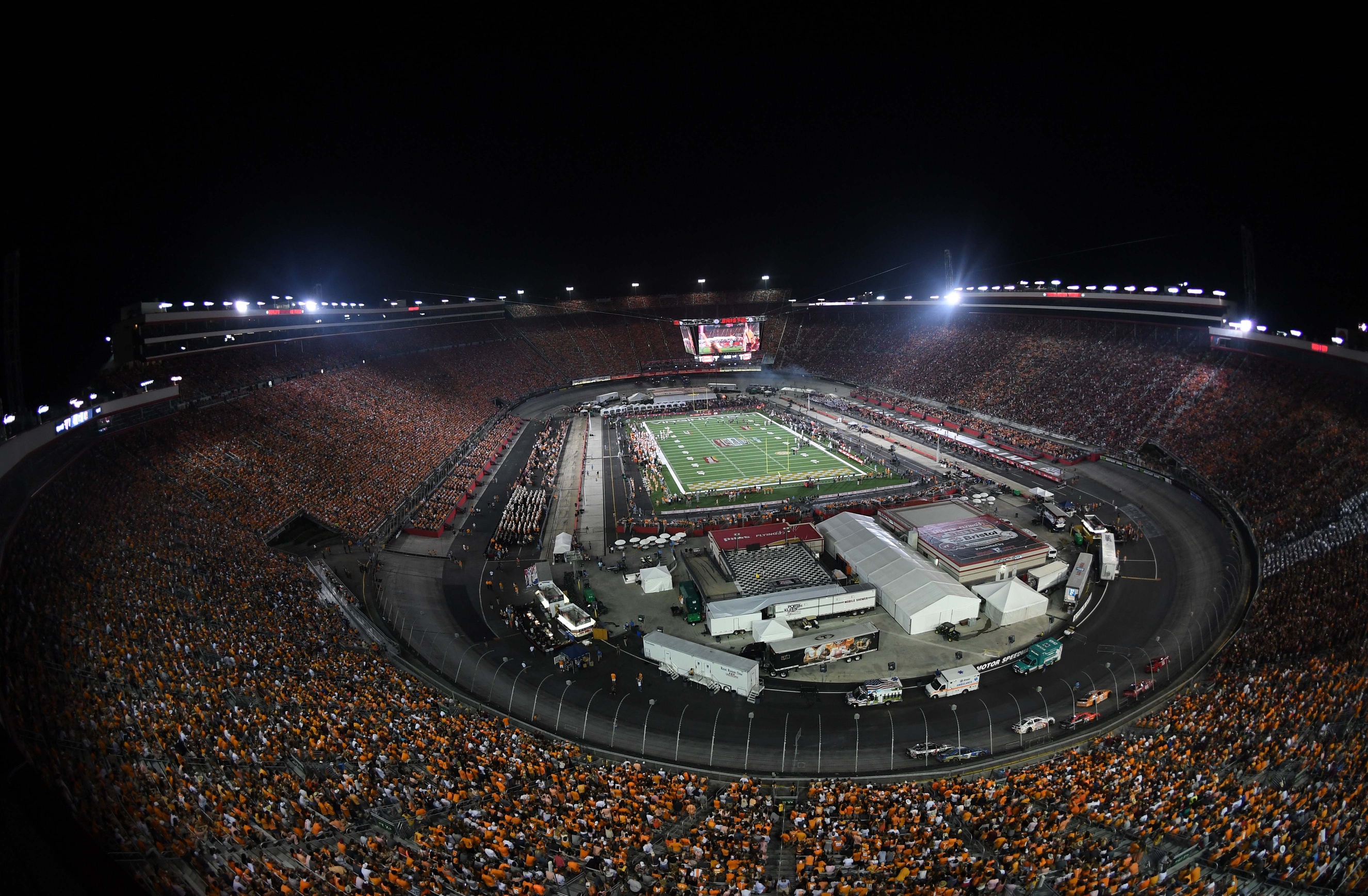 Sep 10, 2016; Bristol, TN, USA; General view of Bristol Motor Speedway during the first quarter of the Battle at Bristol college football game between the Virginia Tech Hokies and Tennessee Volunteers. Mandatory Credit: Christopher Hanewinckel-USA TODAY Sports