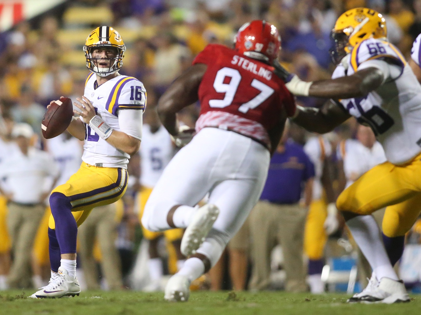 Sep 10, 2016; Baton Rouge, LA, USA; LSU Tigers quarterback Danny Etling (16) looks to pass the ball against the Jacksonville State Gamecocks in the second quarter at Tiger Stadium. Mandatory Credit: Crystal LoGiudice-USA TODAY Sports