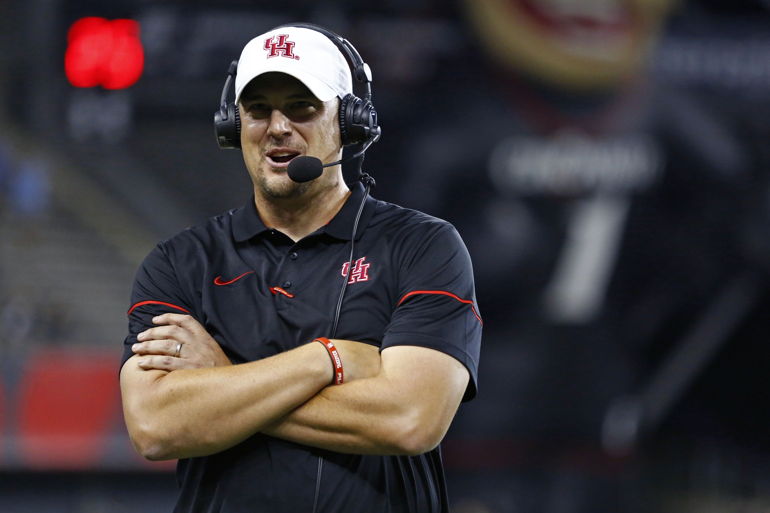 Sep 15, 2016; Cincinnati, OH, USA; Houston Cougars head coach Tom Herman answers questions during a post game interview after defeating the Cincinnati Bearcats at Nippert Stadium. Houston won 40-16. Mandatory Credit: Aaron Doster-USA TODAY Sports