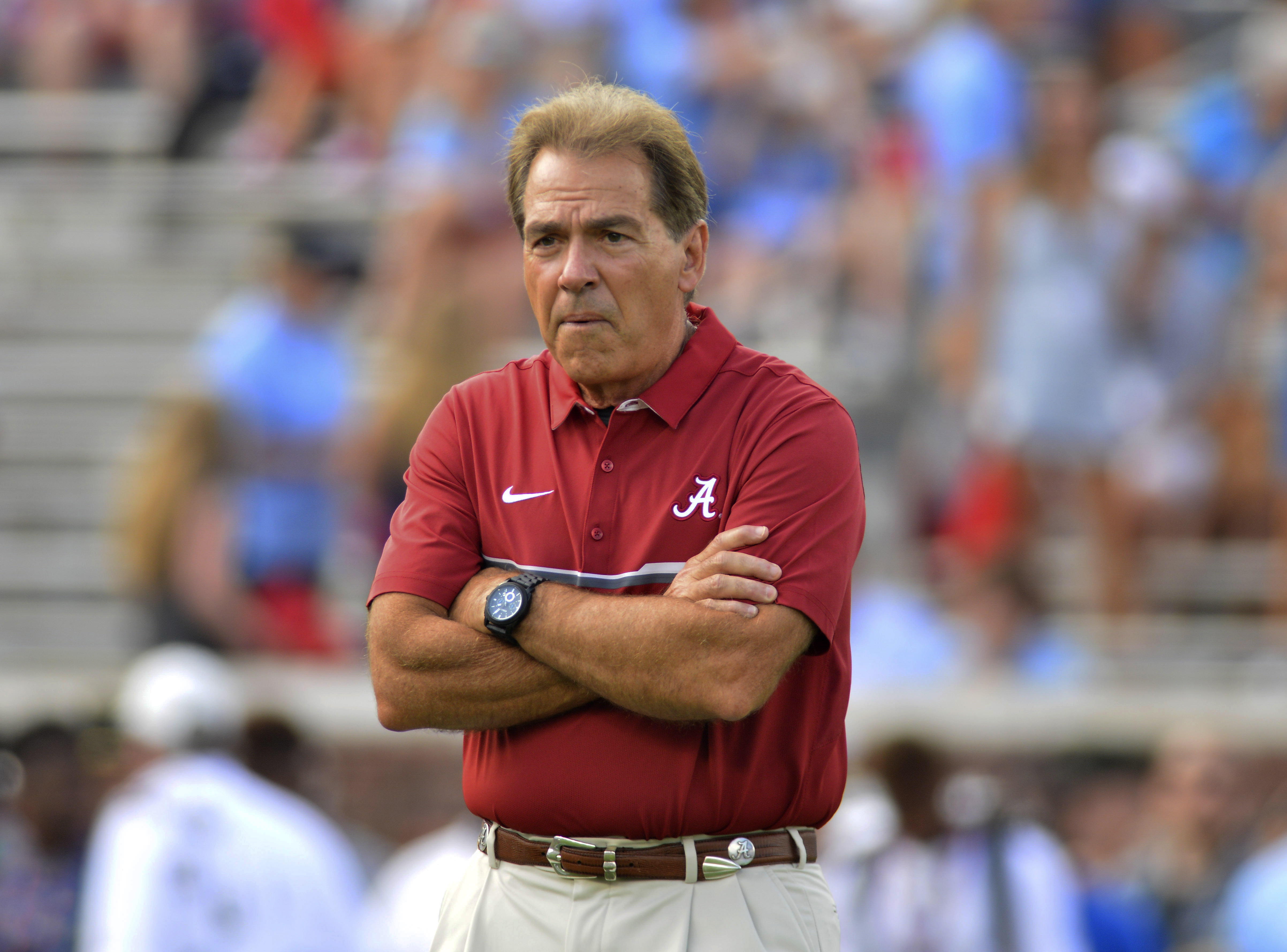 Sep 17, 2016; Oxford, MS, USA; Alabama Crimson Tide head coach Nick Saban walks the field before the game against the Mississippi Rebels at Vaught-Hemingway Stadium. Mandatory Credit: Matt Bush-USA TODAY Sports