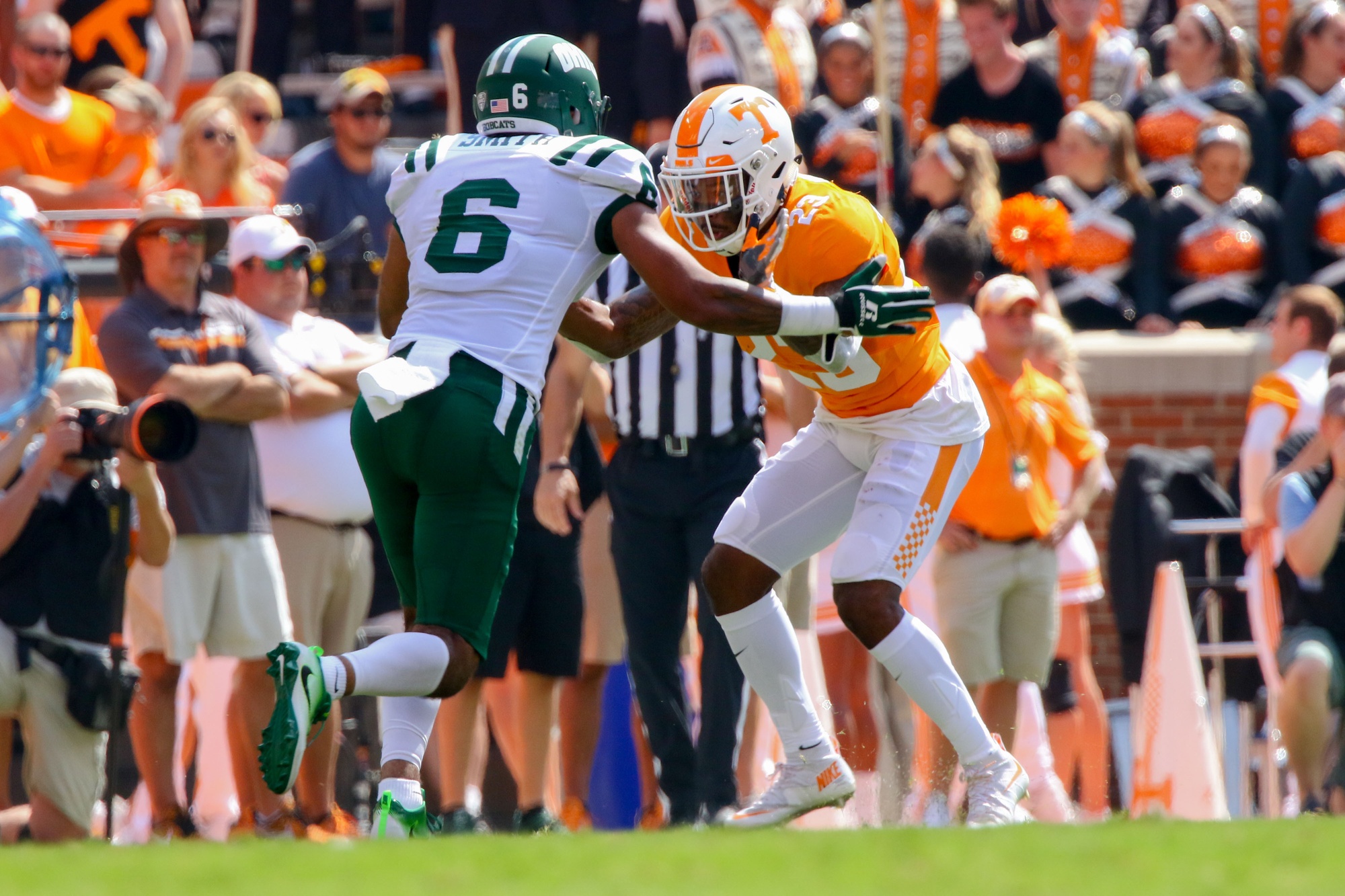 Sep 17, 2016; Knoxville, TN, USA; Ohio Bobcats wide receiver Sebastian Smith (6) and Tennessee Volunteers defensive back Cameron Sutton (23) during the first quarter at Neyland Stadium. Mandatory Credit: Randy Sartin-USA TODAY Sports