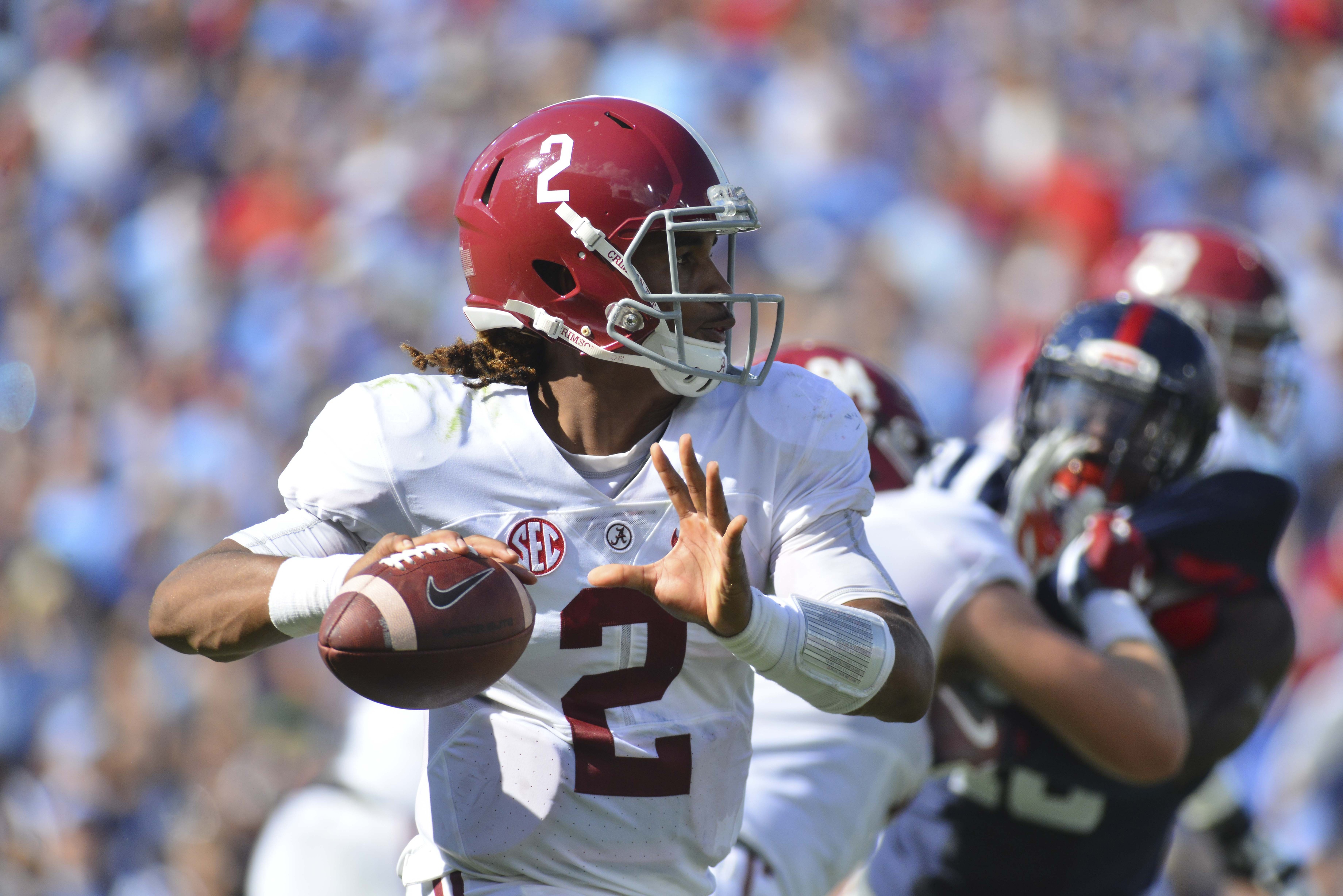 Sep 17, 2016; Oxford, MS, USA; Alabama Crimson Tide quarterback Jalen Hurts (2) make a pass during the second quarter of the game against the Mississippi Rebels at Vaught-Hemingway Stadium. Mandatory Credit: Matt Bush-USA TODAY Sports