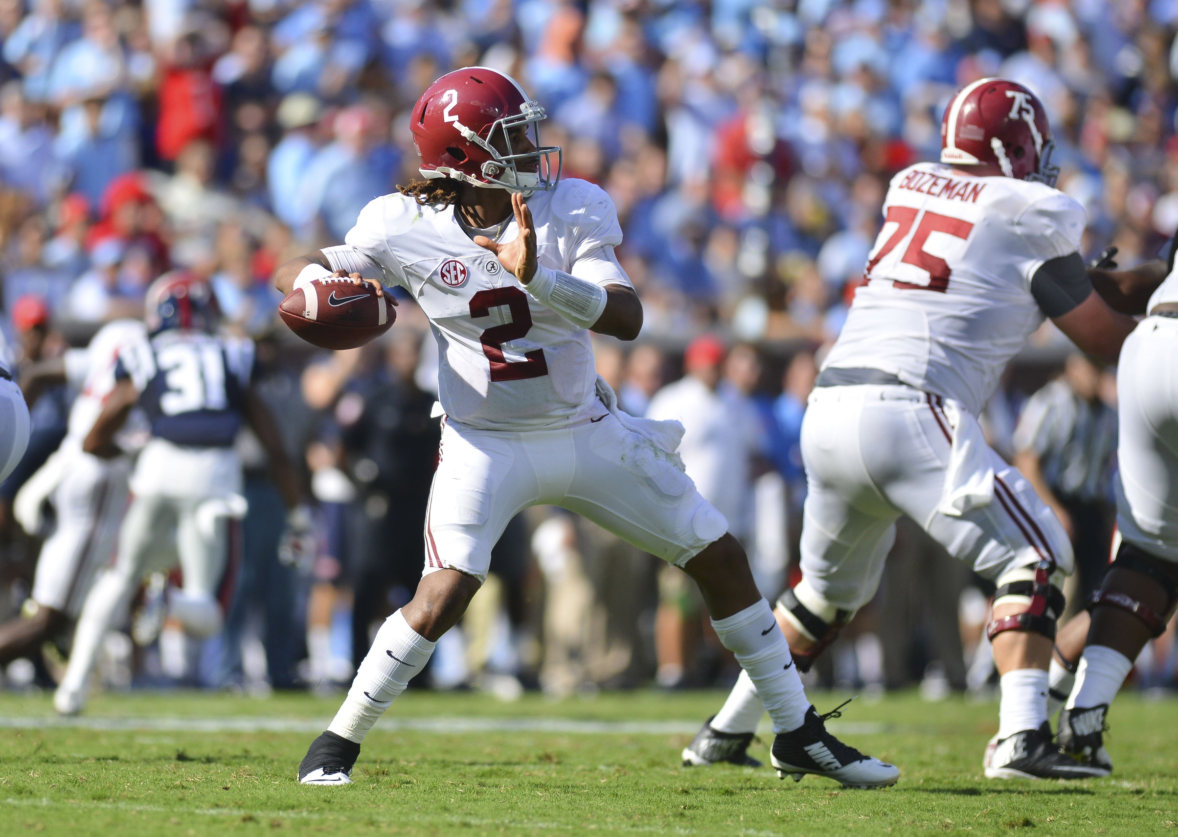 Sep 17, 2016; Oxford, MS, USA; Alabama Crimson Tide quarterback Jalen Hurts (2) throws a pass during the second quarter of the game against the Mississippi Rebelsat Vaught-Hemingway Stadium. Mandatory Credit: Matt Bush-USA TODAY Sports