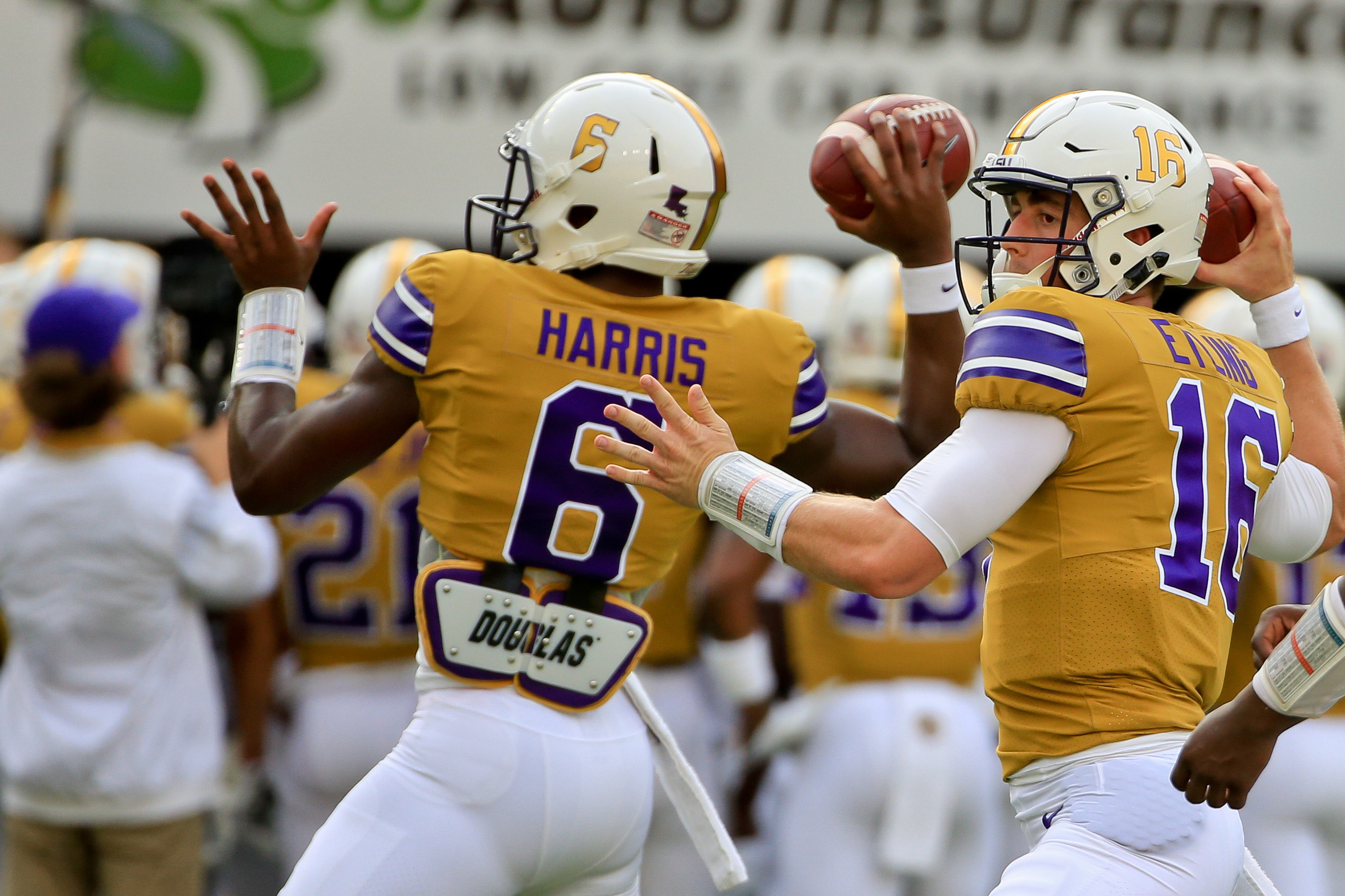 Sep 17, 2016; Baton Rouge, LA, USA; LSU Tigers quarterback Danny Etling (16) and quarterback Brandon Harris (6) before a game against the Mississippi State Bulldogs at Tiger Stadium. Mandatory Credit: Derick E. Hingle-USA TODAY Sports