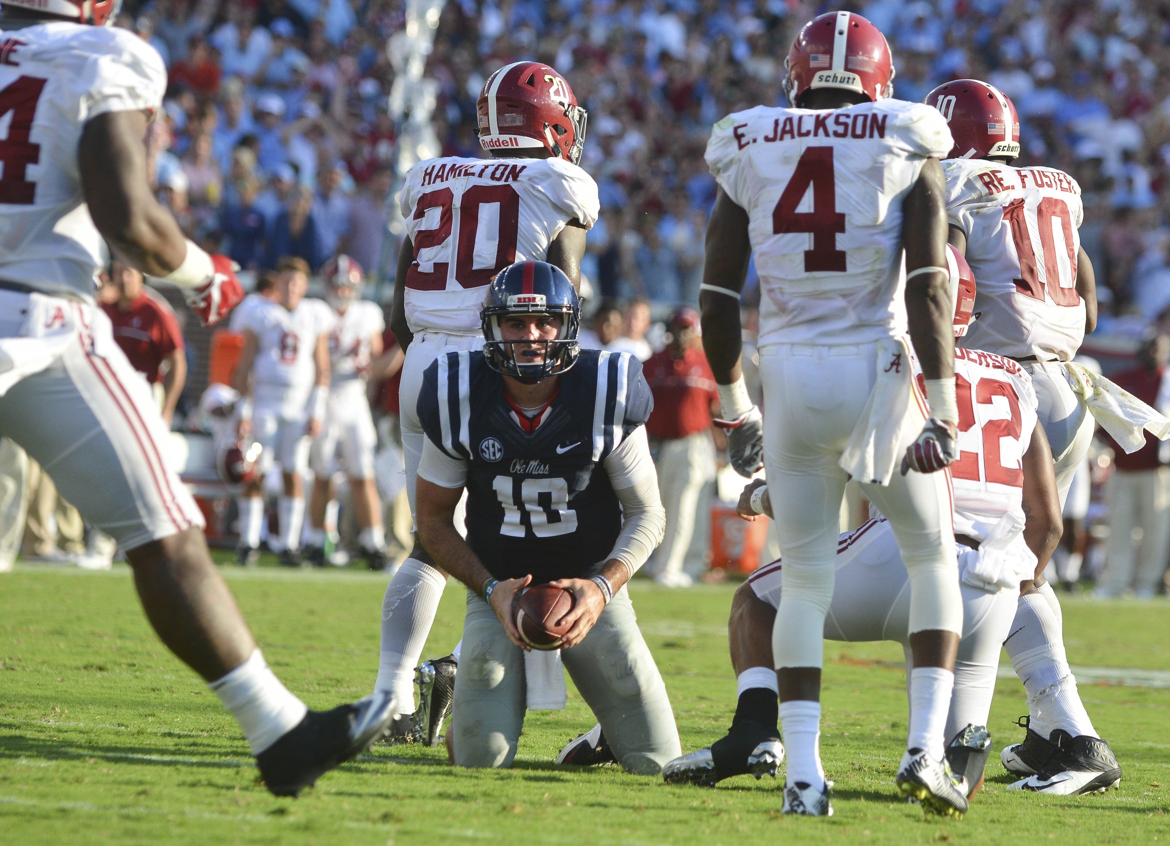 Sep 17, 2016; Oxford, MS, USA; Mississippi Rebels quarterback Chad Kelly (10) reacts after being sacked near the end zone during the third quarter against the Alabama Crimson Tide at Vaught-Hemingway Stadium. Alabama won 48-43. Mandatory Credit: Matt Bush-USA TODAY Sports