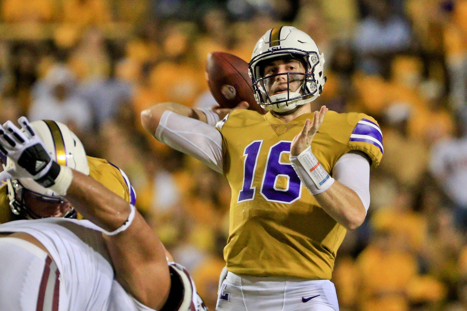 Sep 17, 2016; Baton Rouge, LA, USA; LSU Tigers quarterback Danny Etling (16) throws a pass against the Mississippi State Bulldogs during the second quarter of a game at Tiger Stadium. Mandatory Credit: Derick E. Hingle-USA TODAY Sports