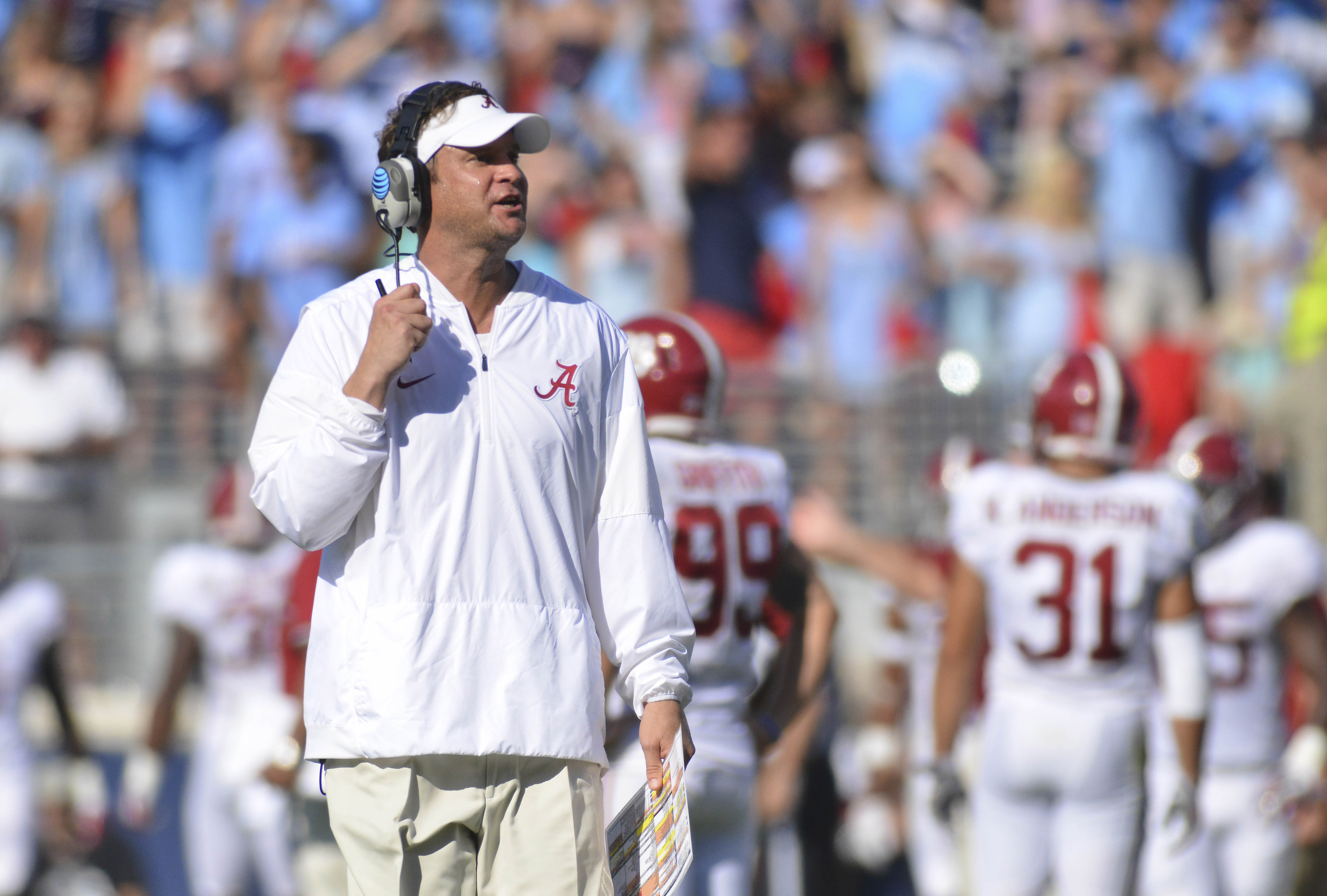 Sep 17, 2016; Oxford, MS, USA; Alabama Crimson Tide offensive coordinator Lane Kiffin reacts after a play during the second quarter against the Mississippi Rebels at Vaught-Hemingway Stadium. Alabama won 48-43. Mandatory Credit: Matt Bush-USA TODAY Sports