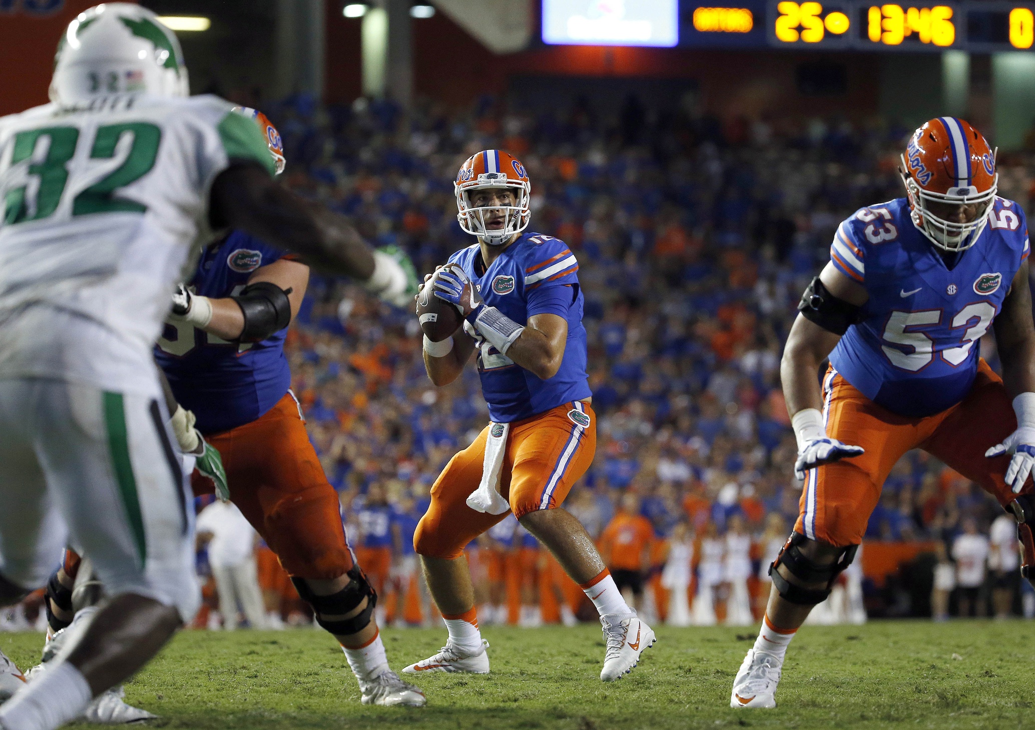 Sep 17, 2016; Gainesville, FL, USA; Florida Gators quarterback Austin Appleby (12) prepares to throw the ball against the North Texas Mean Green during the second half at Ben Hill Griffin Stadium. Florida Gators defeated the North Texas Mean Green 32-0. Mandatory Credit: Kim Klement-USA TODAY Sports