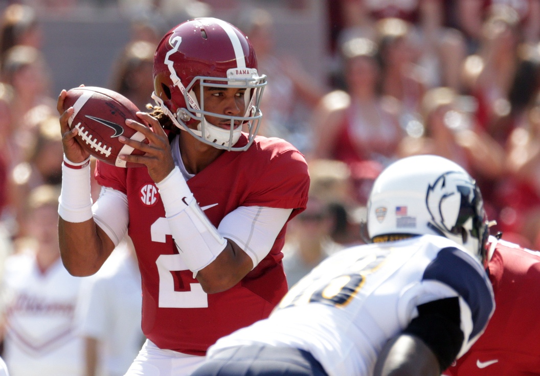 Sep 24, 2016; Tuscaloosa, AL, USA; Alabama Crimson Tide quarterback Jalen Hurts (2) takes the snap against the Kent State Golden Flashes at Bryant-Denny Stadium. Mandatory Credit: Marvin Gentry-USA TODAY Sports