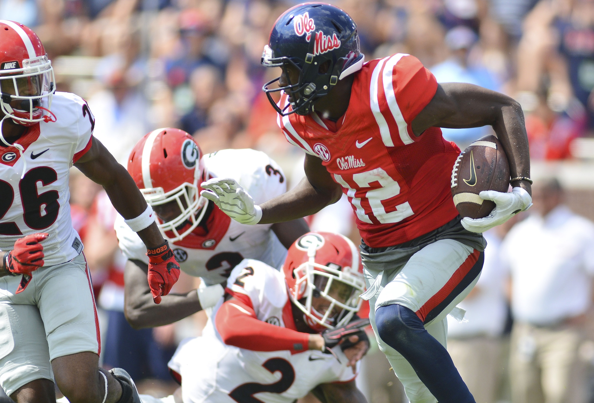 Sep 24, 2016; Oxford, MS, USA; Mississippi Rebels wide receiver Van Jefferson (12) returns a punt during the third quarter of the game against the Georgia Bulldogs at Vaught-Hemingway Stadium. Mississippi won 45-14. Mandatory Credit: Matt Bush-USA TODAY Sports