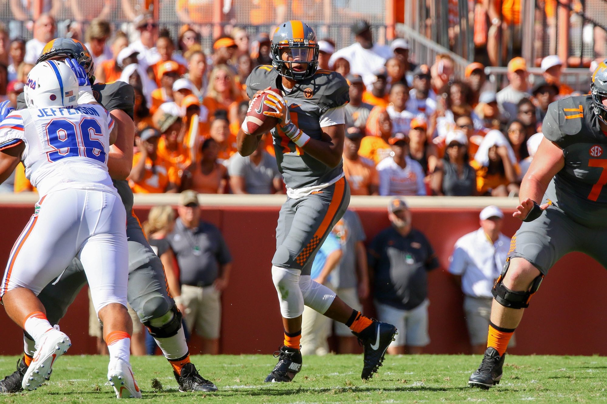Sep 24, 2016; Knoxville, TN, USA; Tennessee Volunteers quarterback Joshua Dobbs (11) drops back to pass the ball against the Florida Gators during the first quarter at Neyland Stadium. Mandatory Credit: Randy Sartin-USA TODAY Sports