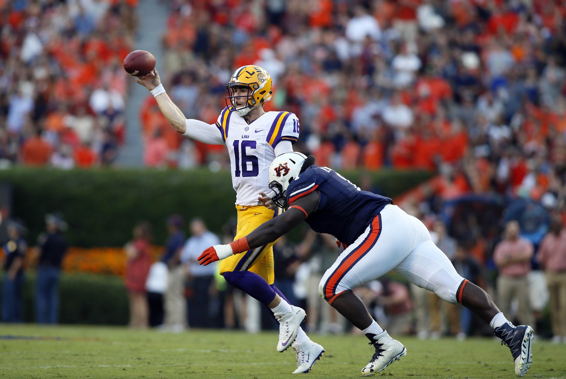 Sep 24, 2016; Auburn, AL, USA; LSU quarterback Danny Etling (16) throws a pass as Auburn Tigers lineman Montravius Adams (1) closes in during the second quarter at Jordan Hare Stadium. Mandatory Credit: John Reed-USA TODAY Sports