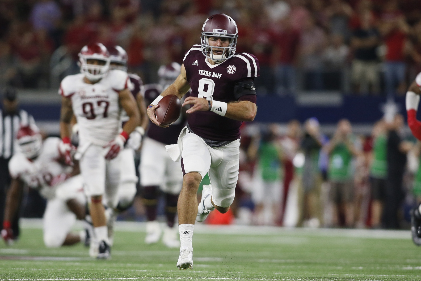 Sep 24, 2016; Dallas, TX, USA; Texas A&M Aggies quarterback Trevor Knight (8) runs for a touchdown in the second quarter against the Arkansas Razorbacks at AT&T Stadium. Mandatory Credit: Tim Heitman-USA TODAY Sports