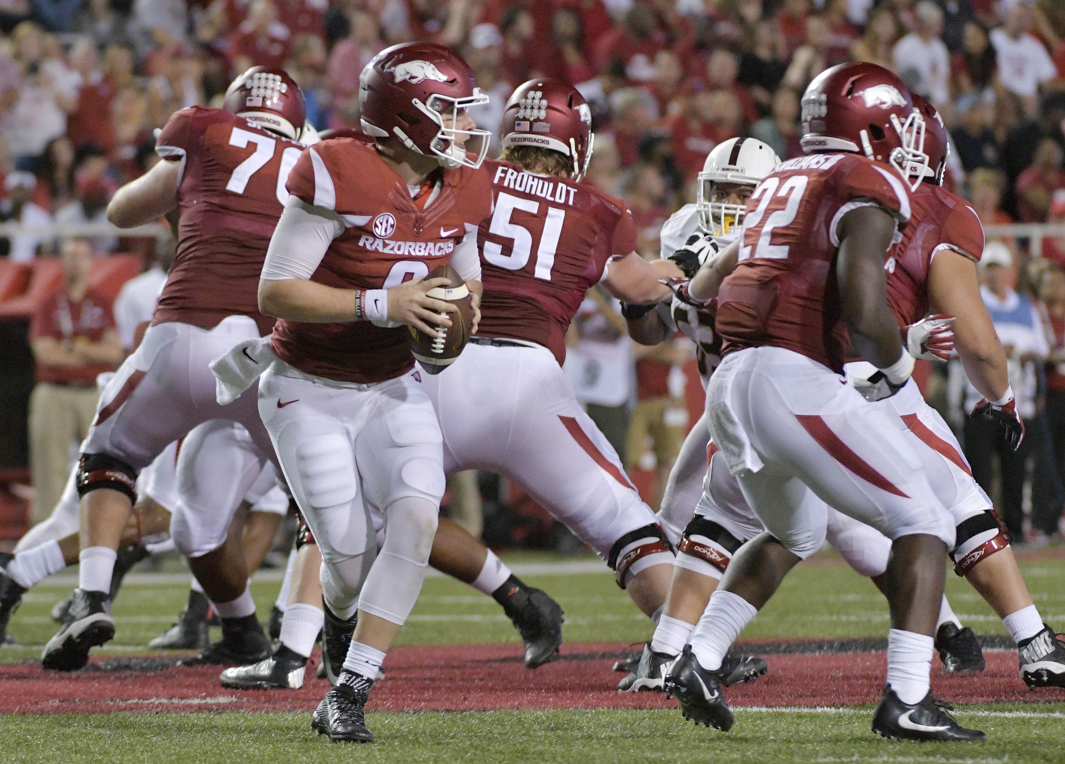 Sep 17, 2016; Fayetteville, AR, USA; Arkansas Razorbacks quarterback Austin Allen (8) prepares to throw the ball during the first half against the Texas State Bobcats at Donald W. Reynolds Razorback Stadium. Mandatory Credit: Denny Medley-USA TODAY Sports