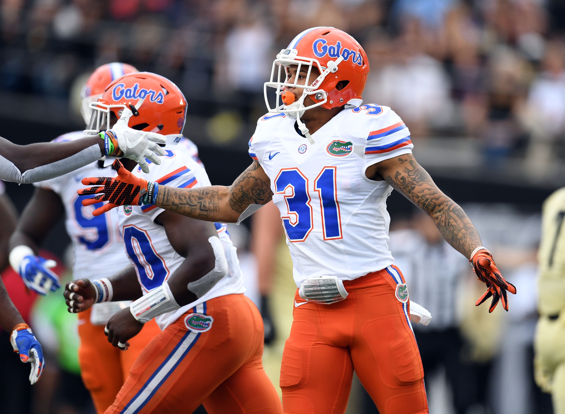 Oct 1, 2016; Nashville, TN, USA; Florida Gators defensive back Teez Tabor (31) celebrates after an interception during the first half against the Vanderbilt Commodores at Vanderbilt Stadium. Mandatory Credit: Christopher Hanewinckel-USA TODAY Sports