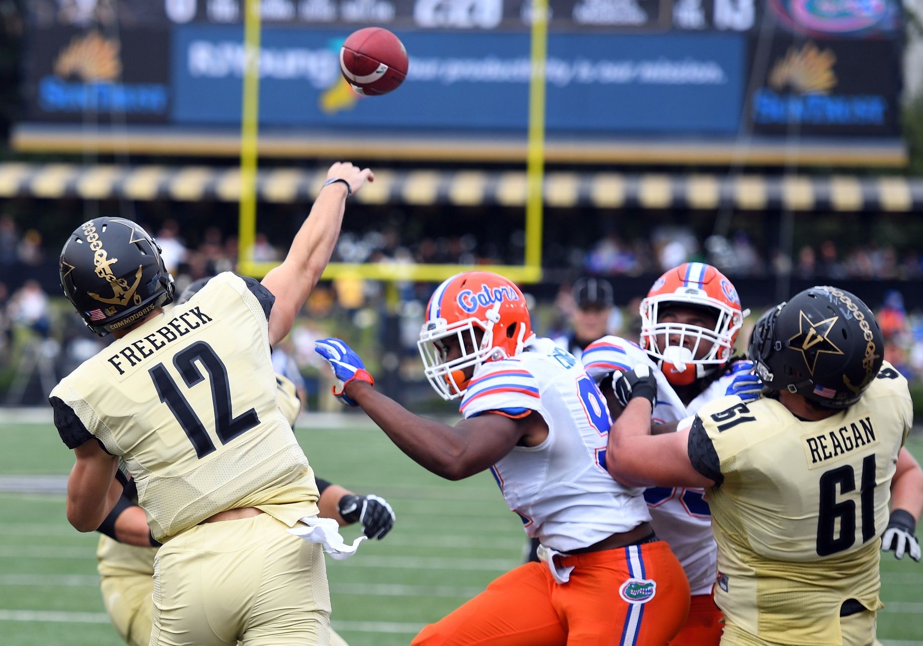 Oct 1, 2016; Nashville, TN, USA; Vanderbilt Commodores quarterback Wade Freebeck (12) attempts a pass during the second half against the Florida Gators at Vanderbilt Stadium. Florida won 13-6. Mandatory Credit: Christopher Hanewinckel-USA TODAY Sports