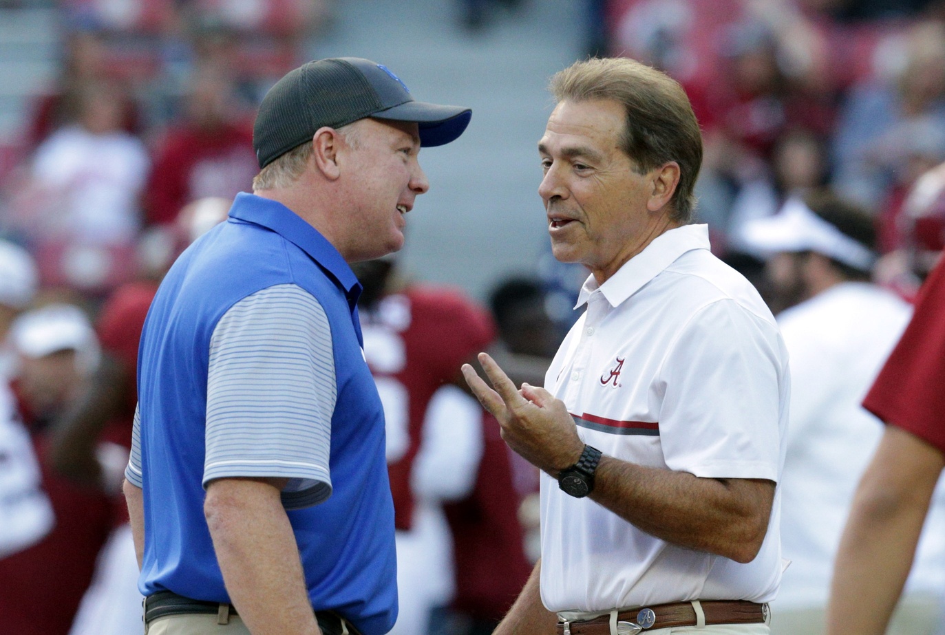 Oct 1, 2016; Tuscaloosa, AL, USA; Kentucky Wildcats head coach Mark Stoops and Alabama Crimson Tide head coach Nick Saban prior to the game at Bryant-Denny Stadium. Mandatory Credit: Marvin Gentry-USA TODAY Sports