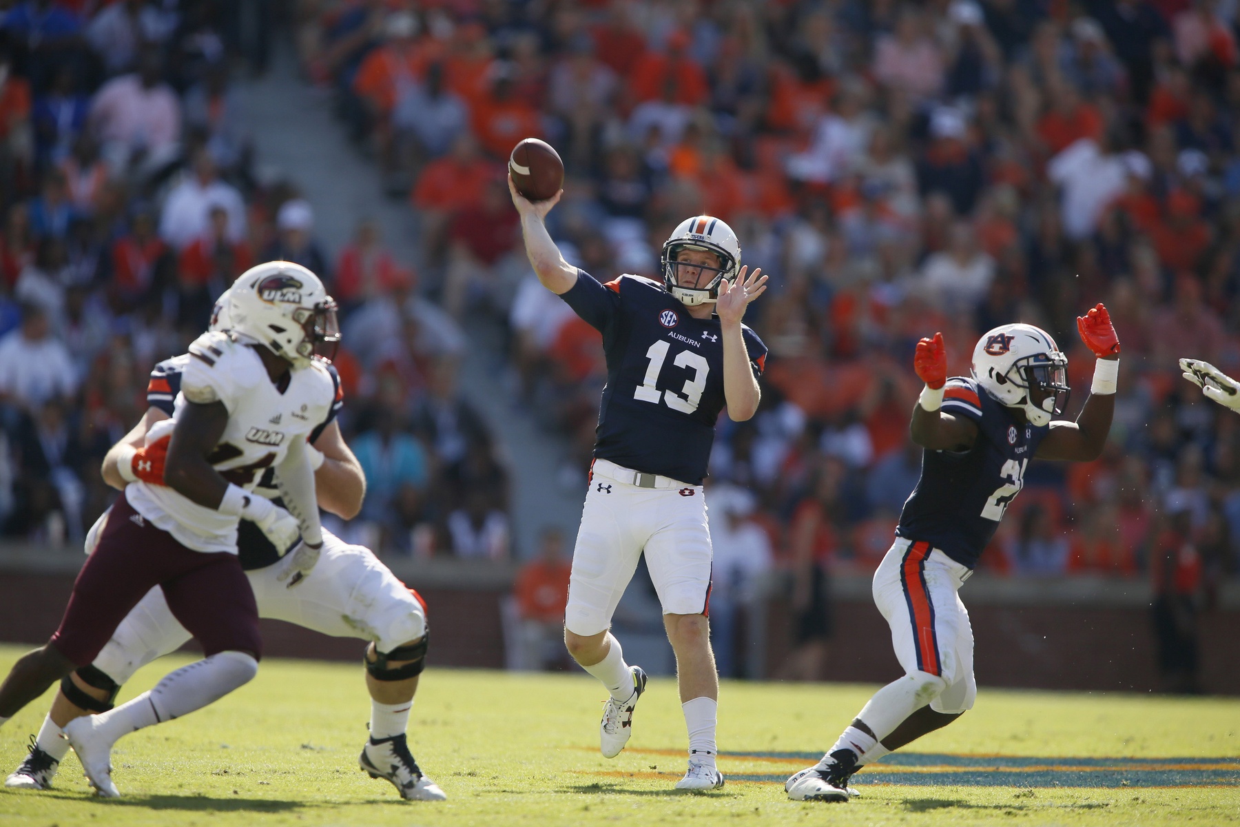 Oct 1, 2016; Auburn, AL, USA; Auburn Tigers quarterback Sean White (13) throws a pass against the UL-Monroe Warhawks during the first quarter at Jordan Hare Stadium. The Tigers beat the Warhawks 58-7. Mandatory Credit: John Reed-USA TODAY Sports