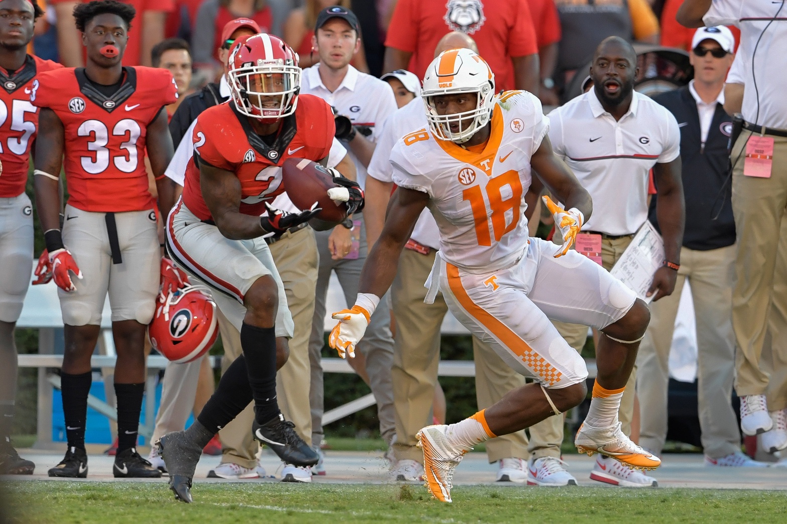 Oct 1, 2016; Athens, GA, USA; Georgia Bulldogs defensive back Maurice Smith (2) intercepts a pass in front of Tennessee Volunteers tight end Jason Croom (18) during the fourth quarter at Sanford Stadium. Tennessee defeated Georgia 34-31. Mandatory Credit: Dale Zanine-USA TODAY Sports