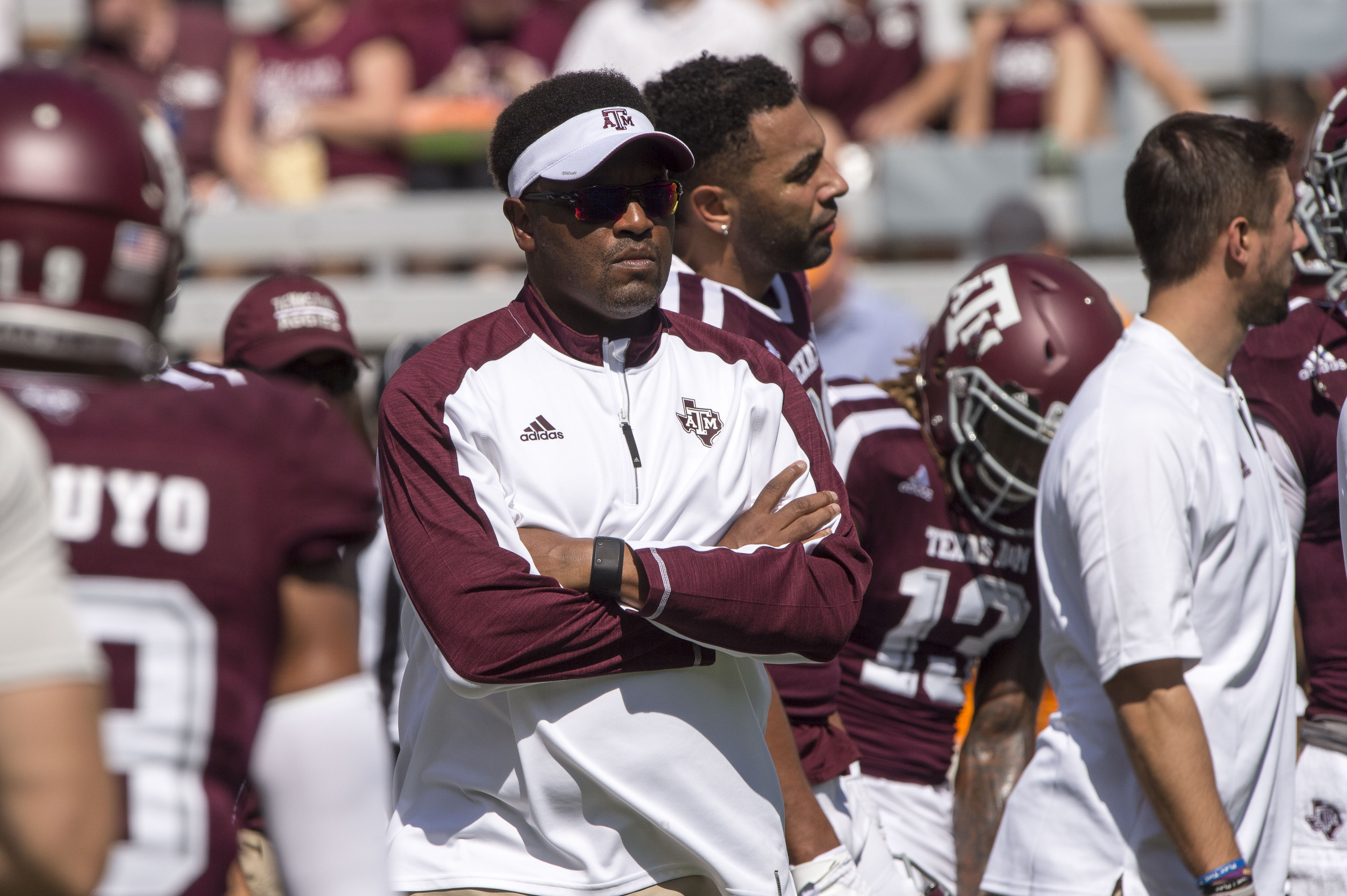 Oct 8, 2016; College Station, TX, USA; Texas A&M Aggies head coach Kevin Sumlin watches his team warm up before the game against the Tennessee Volunteers at Kyle Field. Mandatory Credit: Jerome Miron-USA TODAY Sports