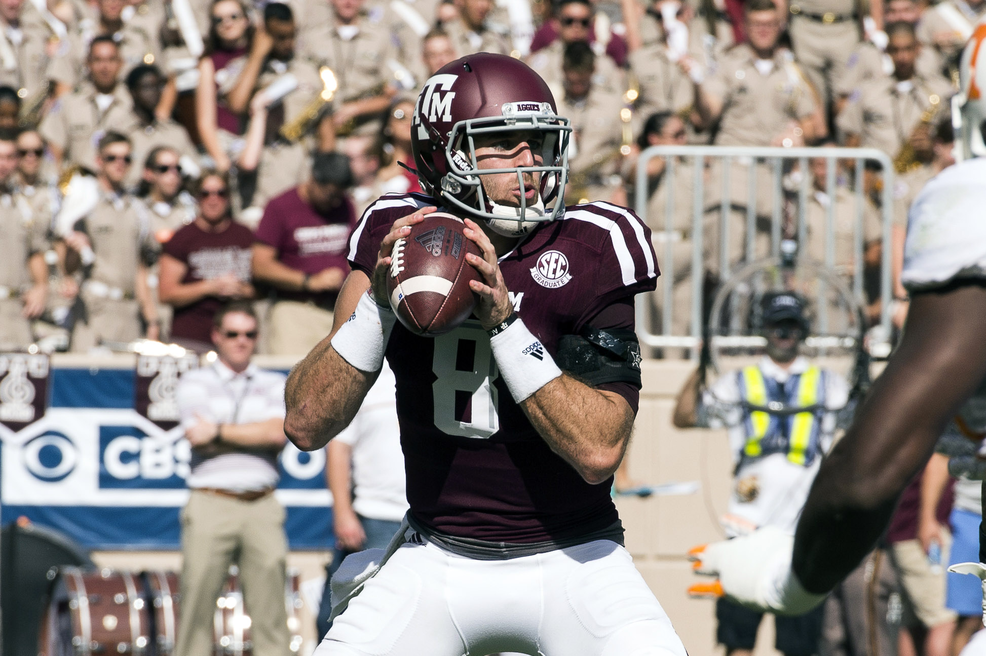 Oct 8, 2016; College Station, TX, USA; Texas A&M Aggies quarterback Trevor Knight (8) drops back to pass against the Tennessee Volunteers during the first quarter at Kyle Field. Mandatory Credit: Jerome Miron-USA TODAY Sports