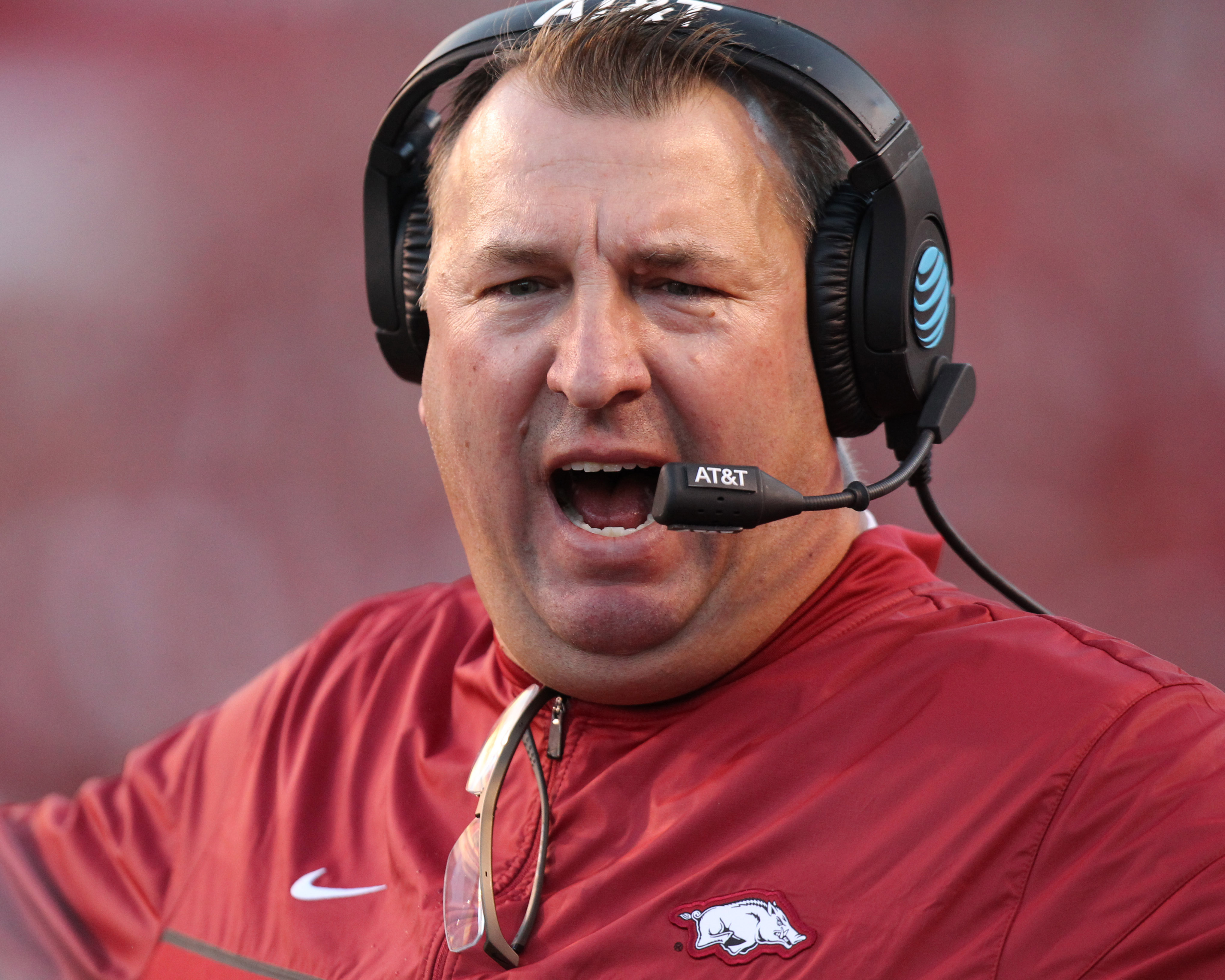 Oct 8, 2016; Fayetteville, AR, USA; Arkansas Razorbacks head coach Bret Bielema reacts a call during the first quarter against the Alabama Crimson Tide at Donald W. Reynolds Razorback Stadium. Mandatory Credit: Nelson Chenault-USA TODAY Sports