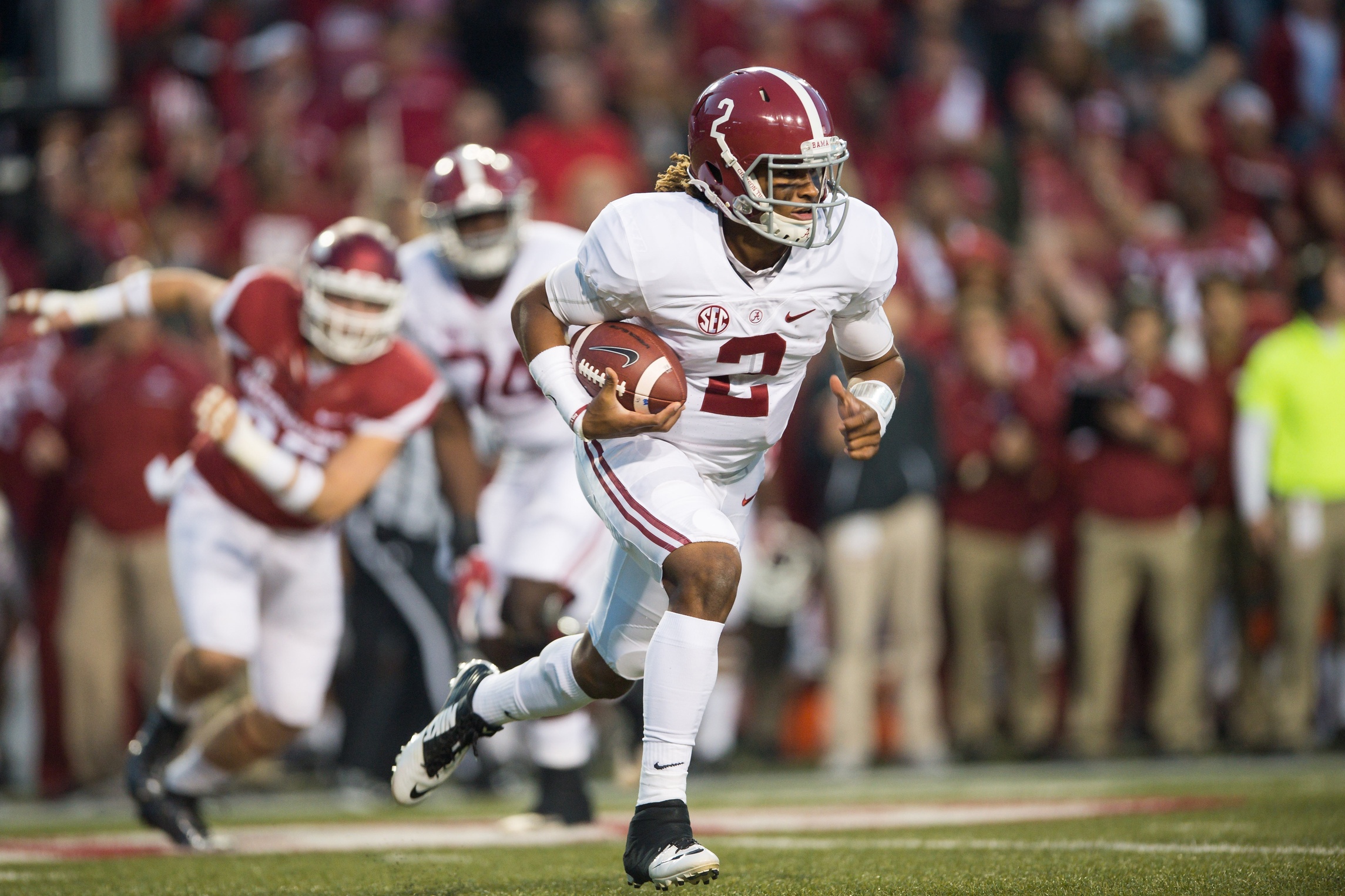 Oct 8, 2016; Fayetteville, AR, USA; Alabama Crimson Tide quarterback Jalen Hurts (2) runs the ball during the second quarter of the game against the Arkansas Razorbacks at Donald W. Reynolds Razorback Stadium. Mandatory Credit: Brett Rojo-USA TODAY Sports