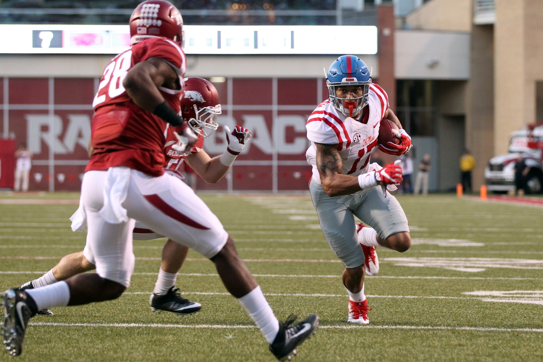 Oct 15, 2016; Fayetteville, AR, USA; Ole Miss Rebels tight end Evan Engram (17) runs for a touchdown after a catch against the Arkansas Razorbacks during the first quarter at Donald W. Reynolds Razorback Stadium. Mandatory Credit: Nelson Chenault-USA TODAY Sports