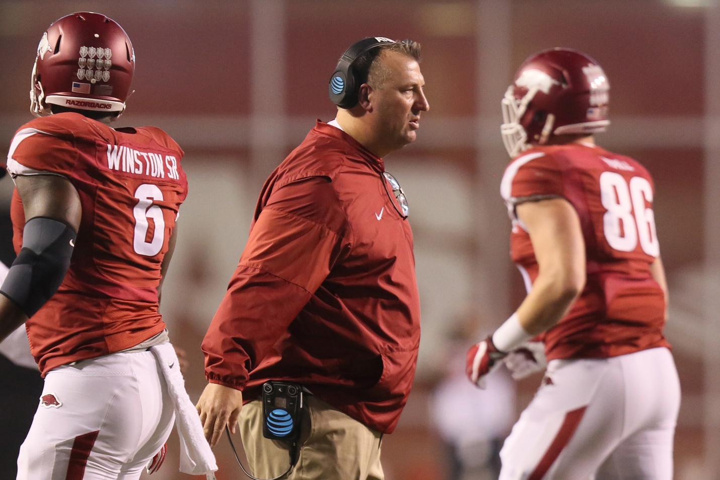Oct 15, 2016; Fayetteville, AR, USA; Arkansas Razorbacks head coach Bret Bielema congratulates players after a score in the second quarter against the Ole Miss Rebels at Donald W. Reynolds Razorback Stadium. Mandatory Credit: Nelson Chenault-USA TODAY Sports
