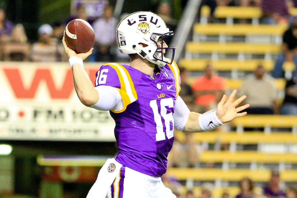 Oct 15, 2016; Baton Rouge, LA, USA; LSU Tigers quarterback Danny Etling (16) throws a touchdown during the third quarter of a game against the Southern Miss Golden Eagles at Tiger Stadium. LSU defeated Southern Mississippi 45-10. Mandatory Credit: Derick E. Hingle-USA TODAY Sports