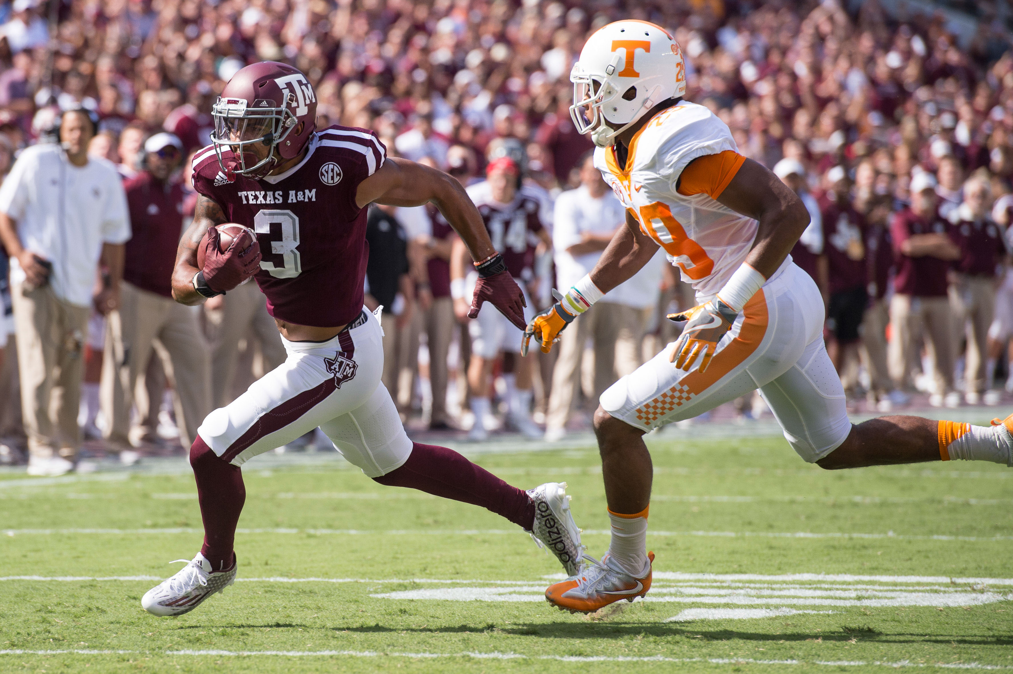 Oct 8, 2016; College Station, TX, USA; Texas A&M Aggies wide receiver Christian Kirk (3) and Tennessee Volunteers defensive back Evan Berry (29) in action during the game at Kyle Field. The Aggies defeat the Volunteers 45-38 in overtime. Mandatory Credit: Jerome Miron-USA TODAY Sports